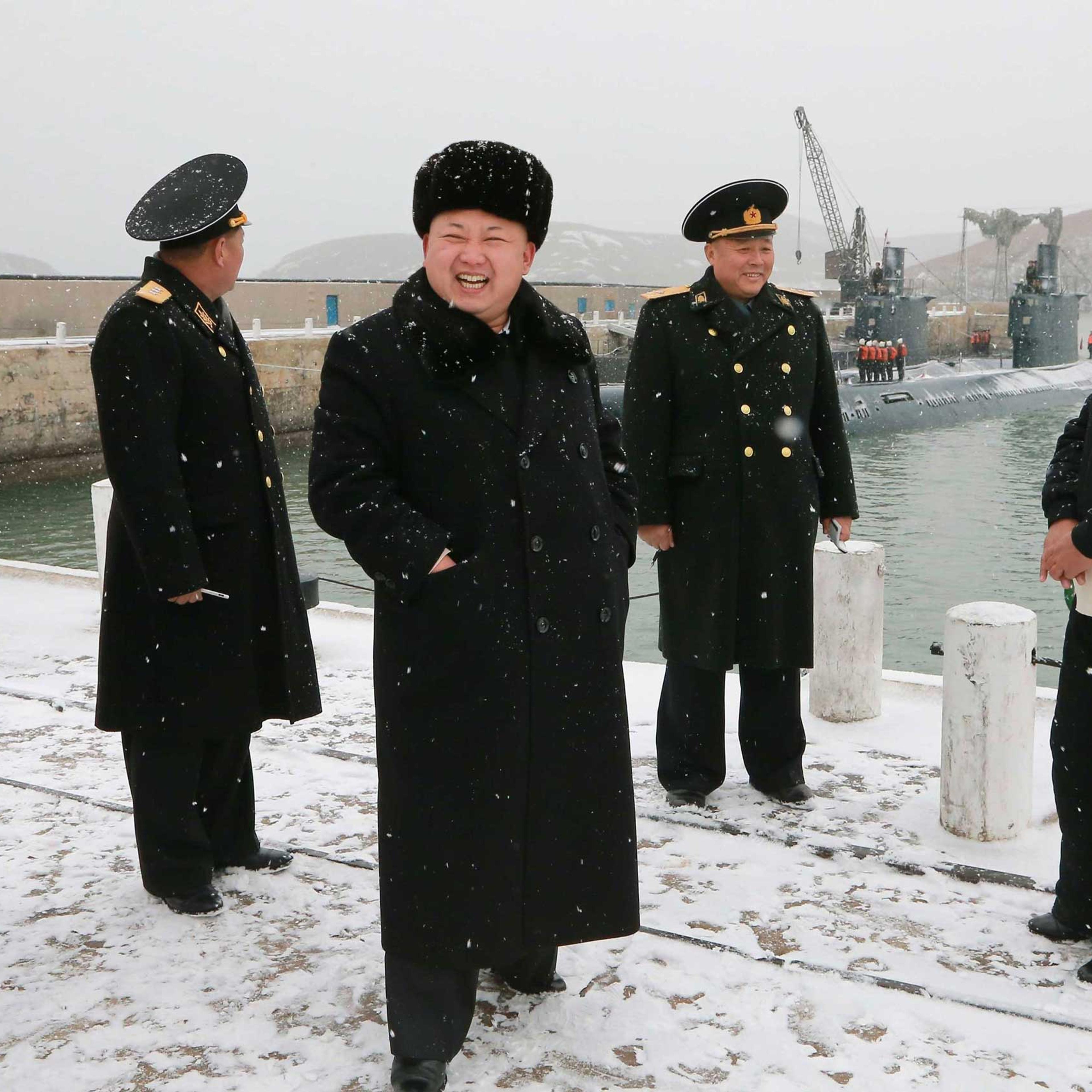 North Korean leader Kim inspects the KPA navy Unit 189 honoured with the title of "O Jung Hup-led 7th Regiment, in this undated photo released by KCNA in Pyongyang