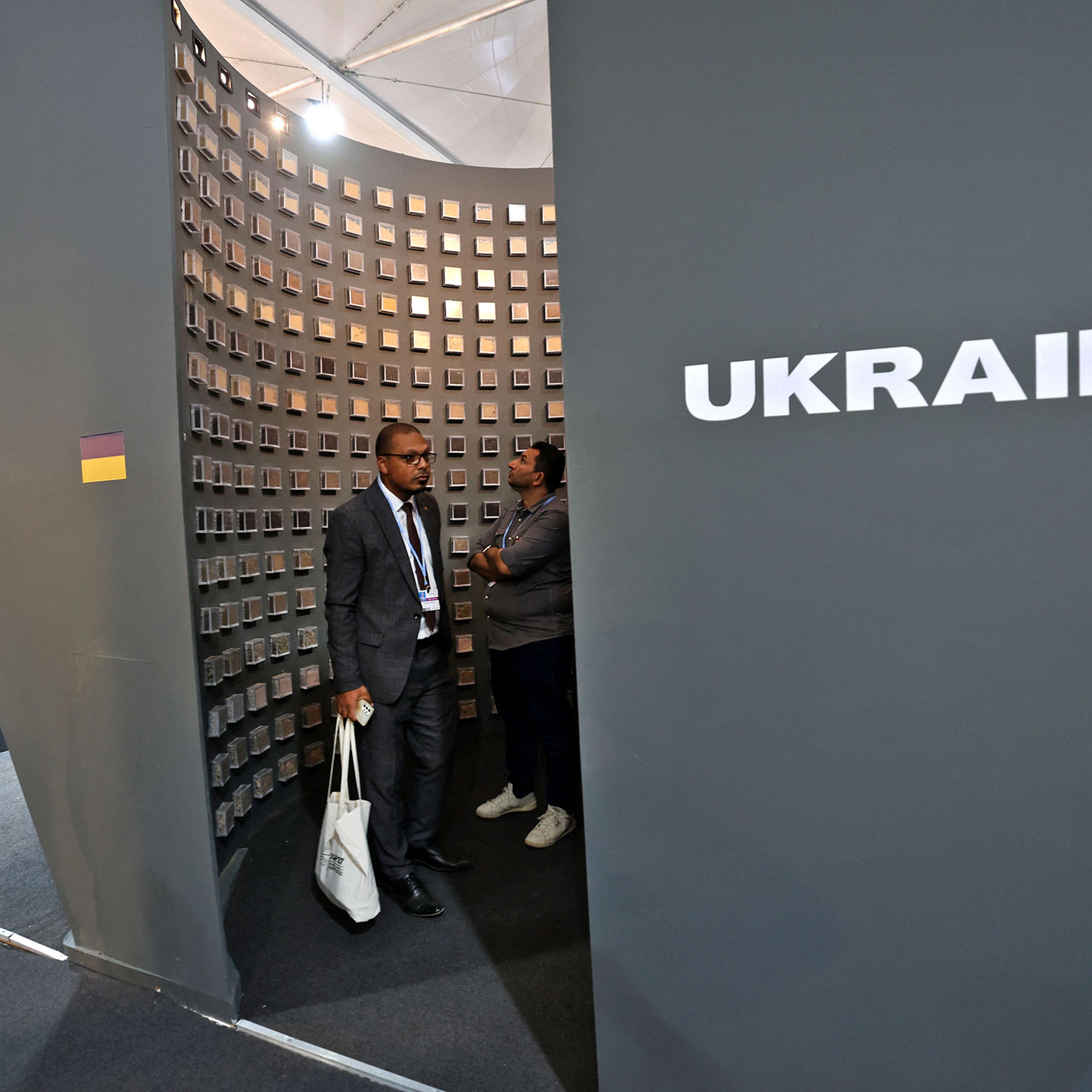 Participants visit the Ukraine pavilion at the Sharm el-Sheikh International Convention Centre during the COP27 climate conference on Nov. 14.