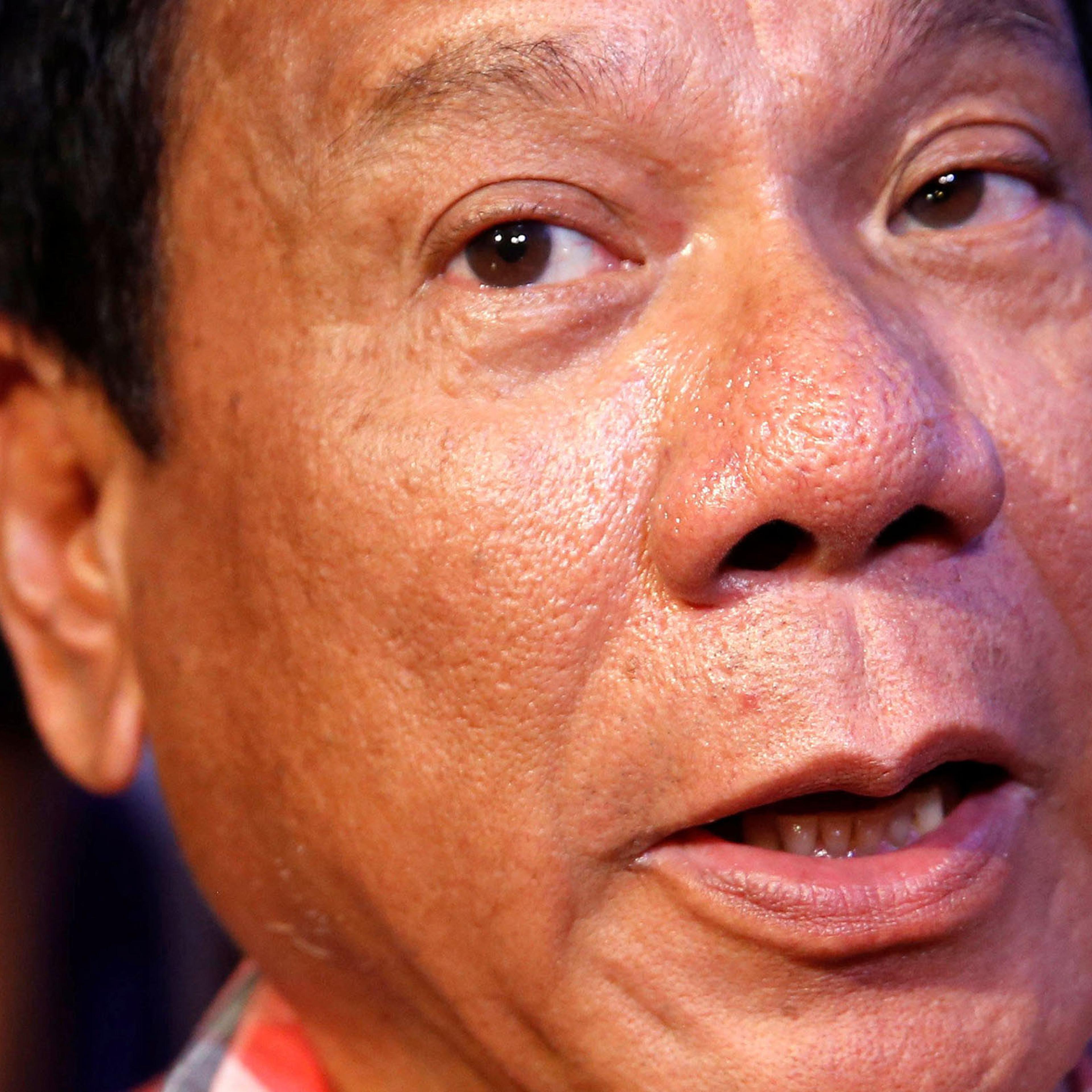 Leading presidential candidate Rodrigo "Digong" Duterte on yesterday's national elections speaks to reporters in Davao City in southern Philippines, May 9, 2016.