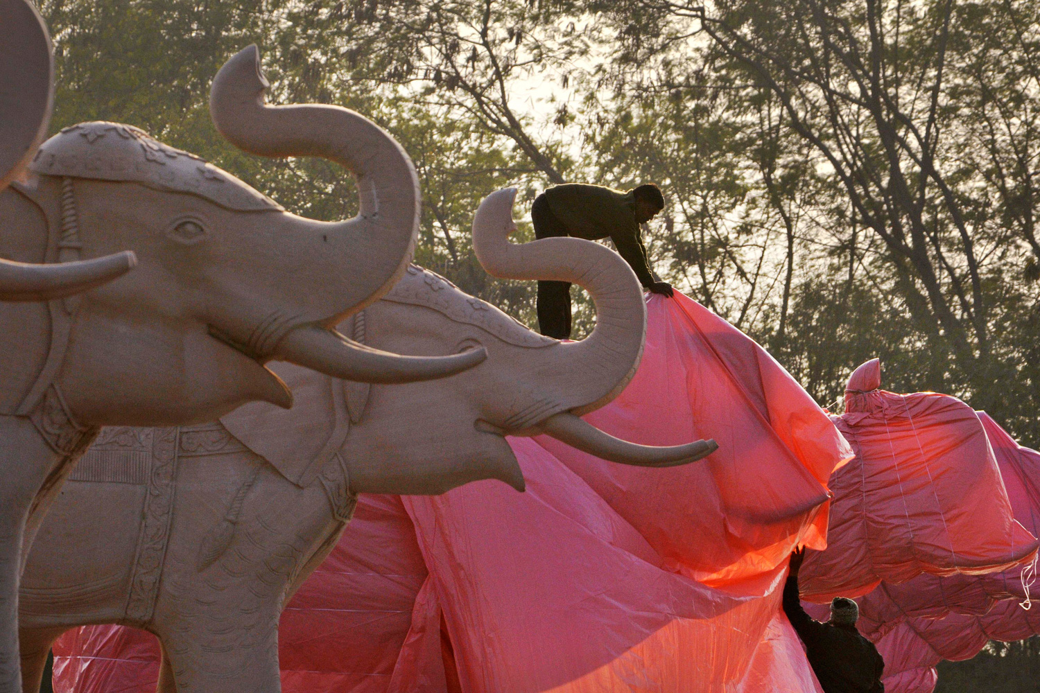 January 10, 2012. An Indian worker covers an elephant statue at Ambedkar Park in Noida, on the outskirts of New Delhi, India. Workmen using truckloads of cloth raced to comply with election officials who ordered the statues of Chief Minister of Utter Pradesh state Mayawati, who is a hero to India's lowest castes, along with nearly 200 statues of elephants, her party's symbol, be covered.