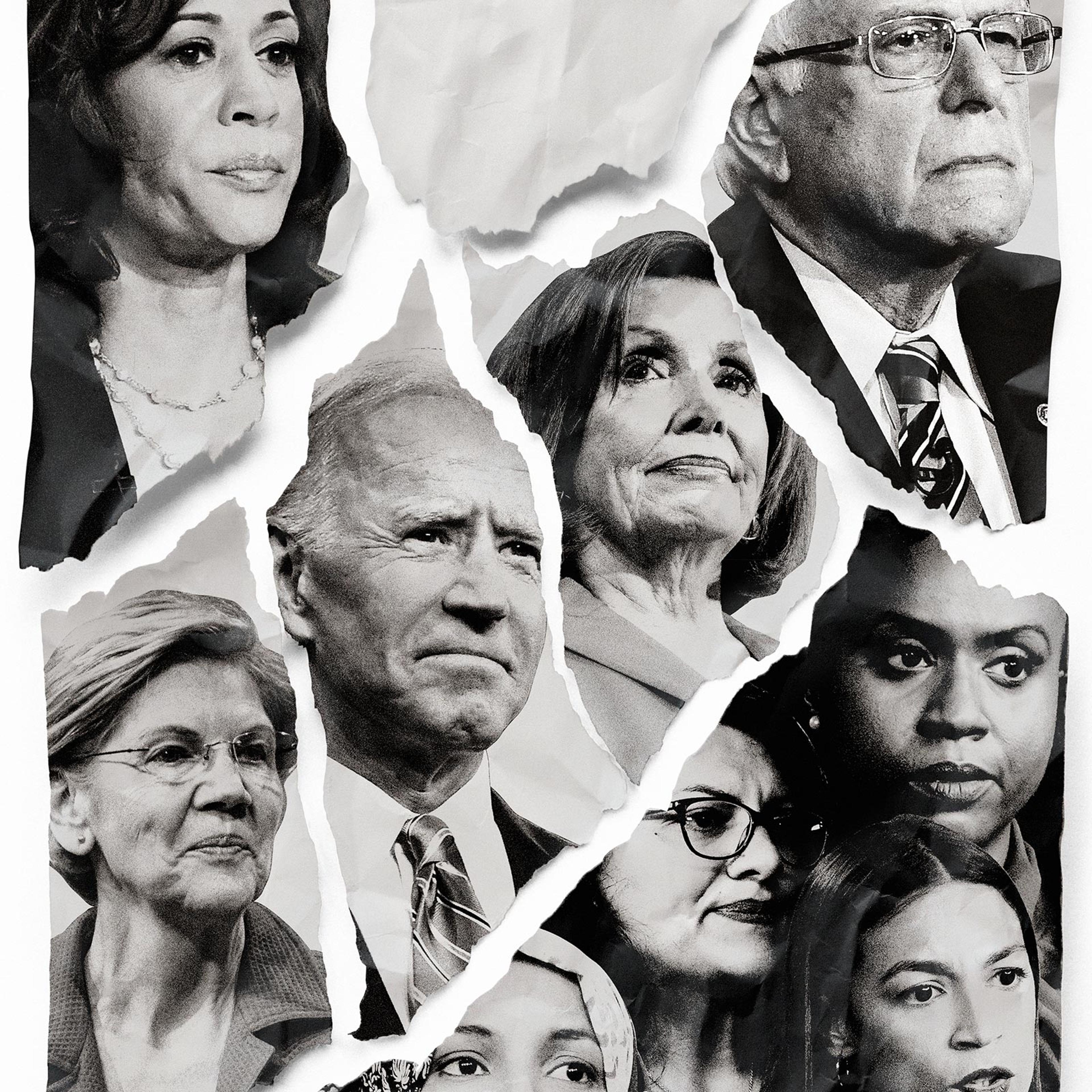 Clockwise from top left: Kamala Harris, Bernie Sanders, Ayanna Pressley, Alexandria Ocasio-Cortez, Rashida Tlaib, Ilhan Omar, Elizabeth Warren, Joe Biden, Nancy Pelosi.