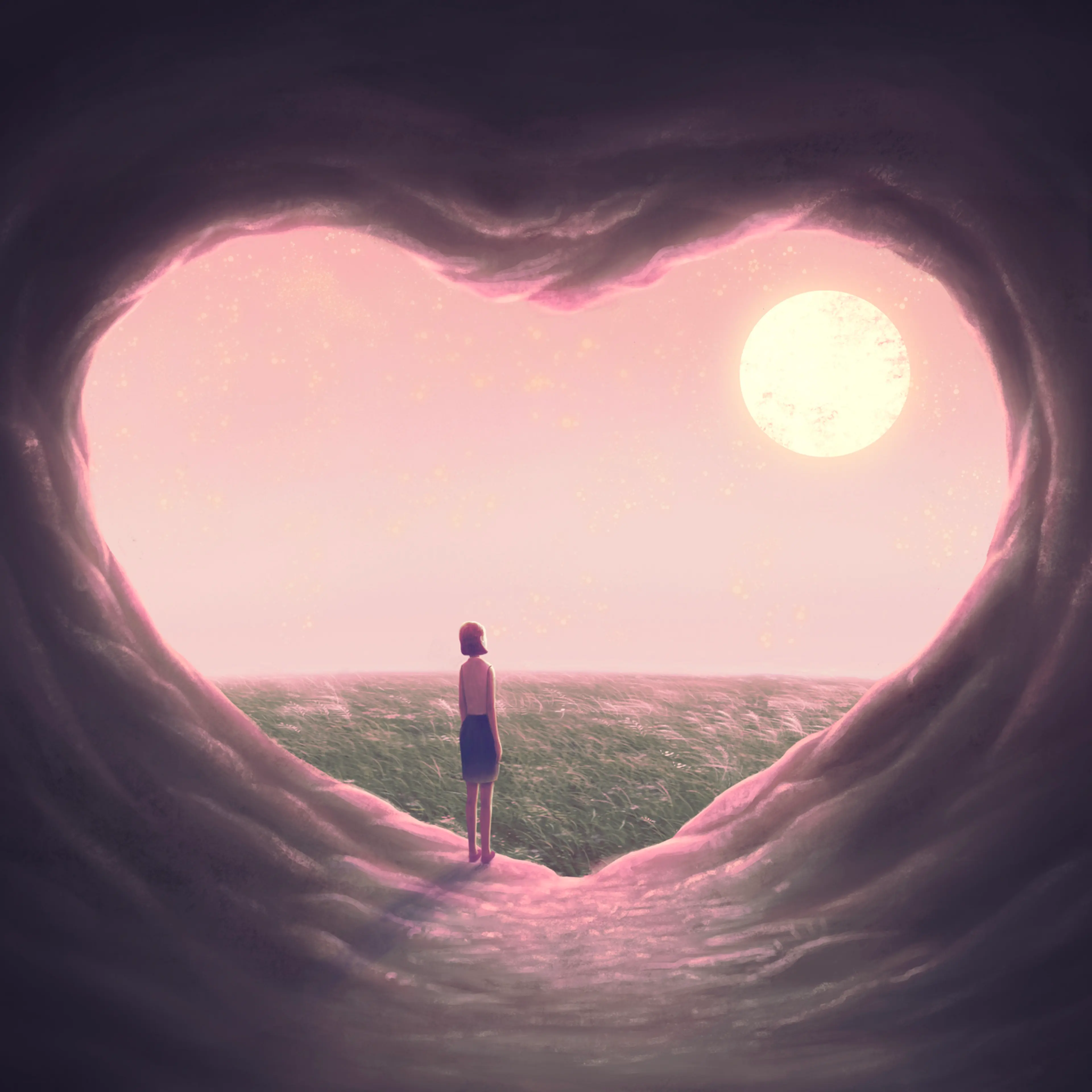 Love concept art , woman in heart cave with the moon, surreal landscape, fantasy illustration