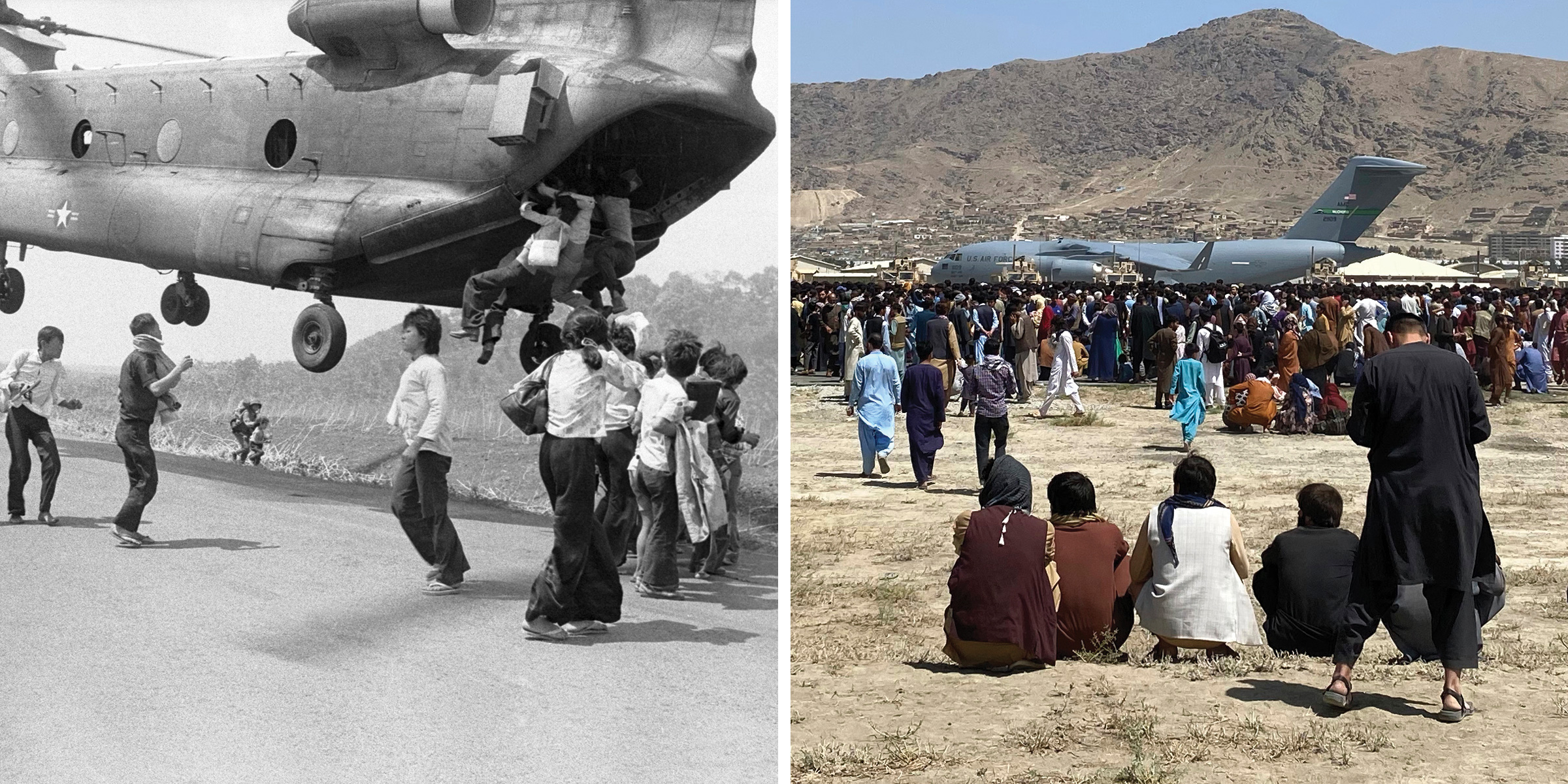 A U.S. Chinook helicopter takes off following a supply drop to troops fighting along Highway One in Vietnam, as people attempt to board, April 14, 1975; hundreds of people gather near a U.S. Air Force C-17 transport plane at a perimeter at the internatio