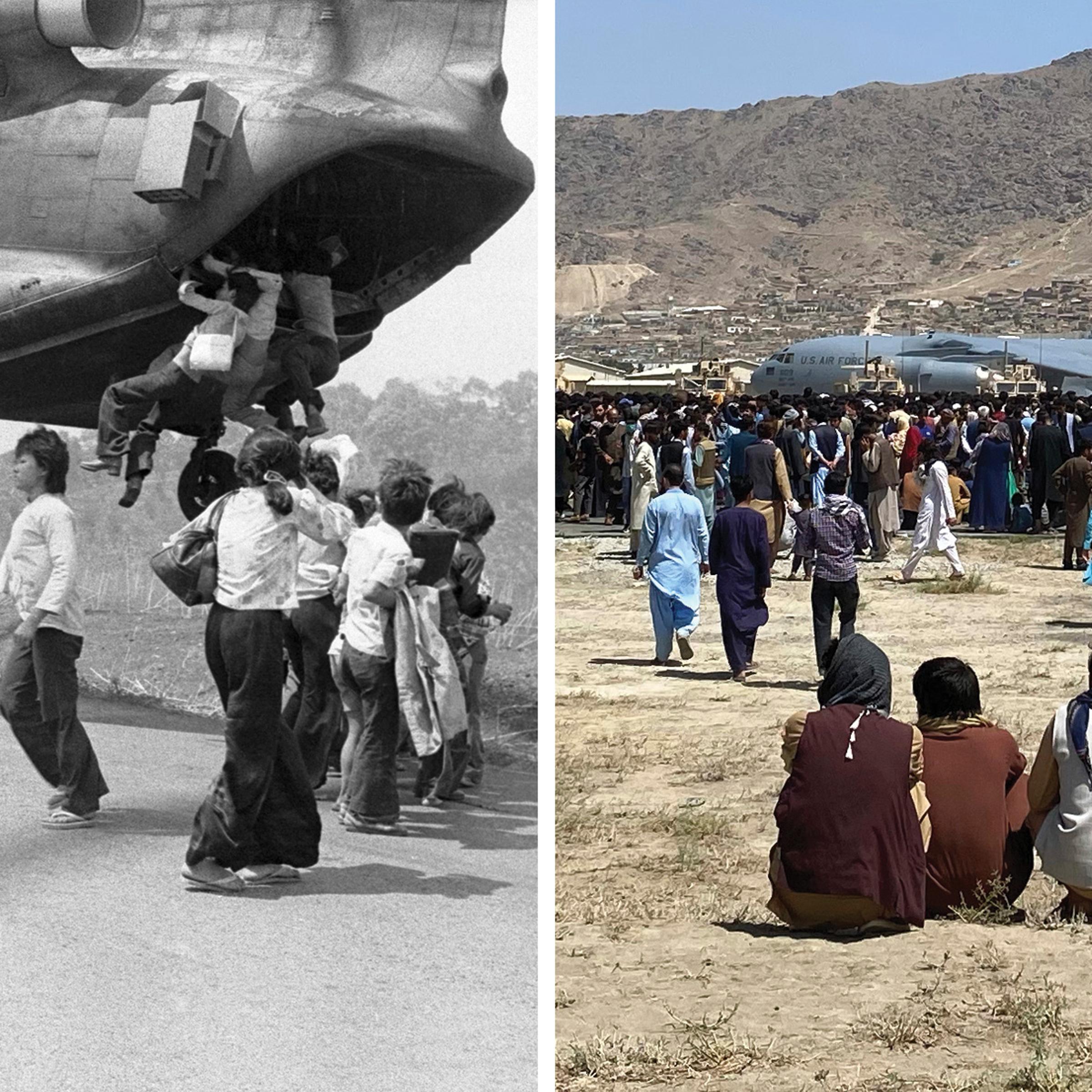 A U.S. Chinook helicopter takes off following a supply drop to troops fighting along Highway One in Vietnam, as people attempt to board, April 14, 1975; hundreds of people gather near a U.S. Air Force C-17 transport plane at a perimeter at the internatio