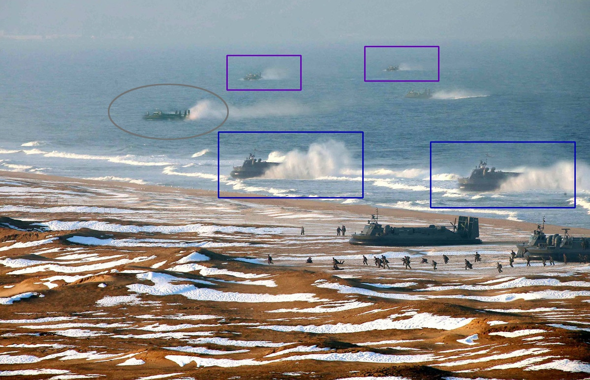 This <a href="http://www.theatlantic.com/photo/2013/03/is-this-north-korean-hovercraft-landing-photo-faked/100480/" target="_blank">photograph</a> shows the various hovercrafts that were replicated.