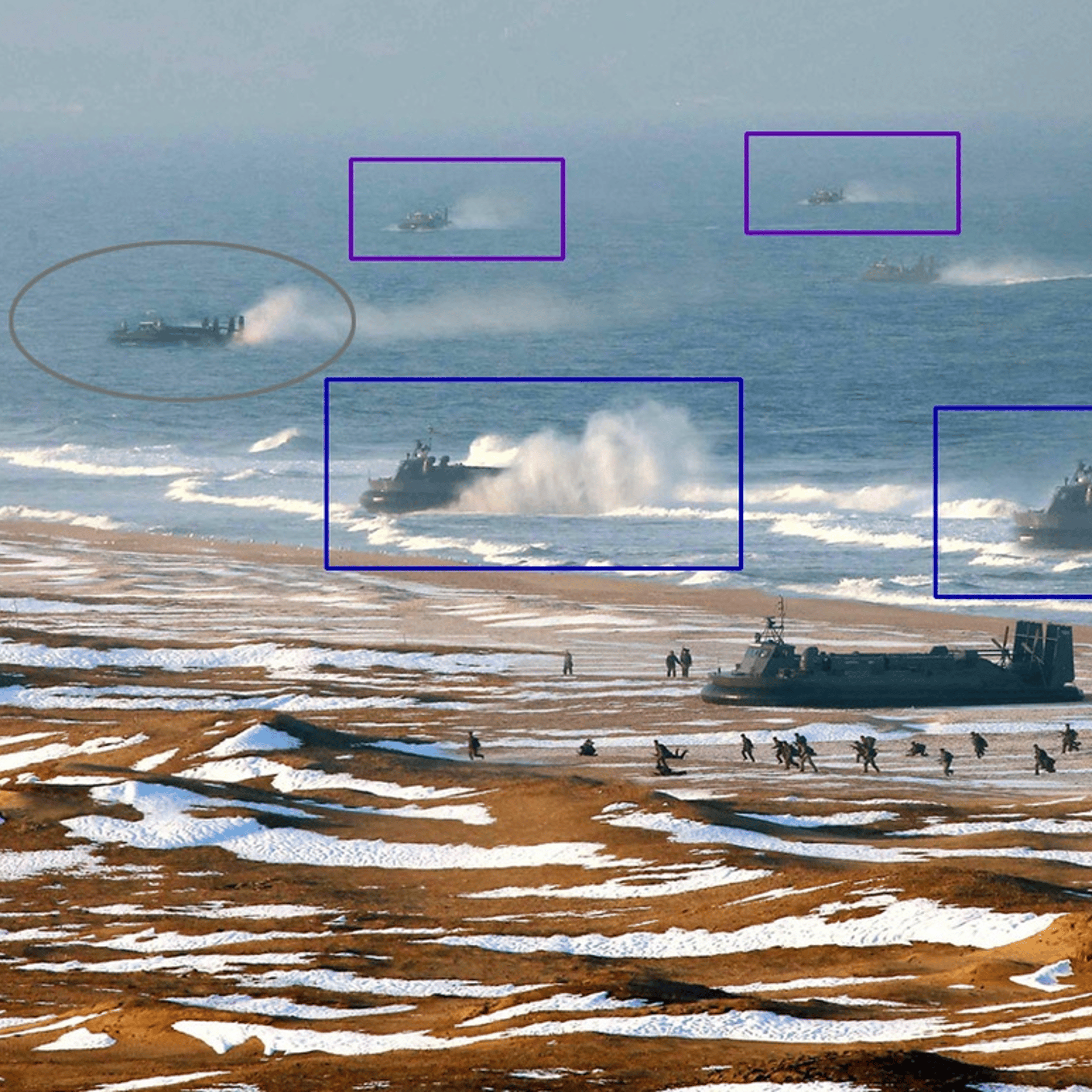 This <a href="http://www.theatlantic.com/photo/2013/03/is-this-north-korean-hovercraft-landing-photo-faked/100480/" target="_blank">photograph</a> shows the various hovercrafts that were replicated.