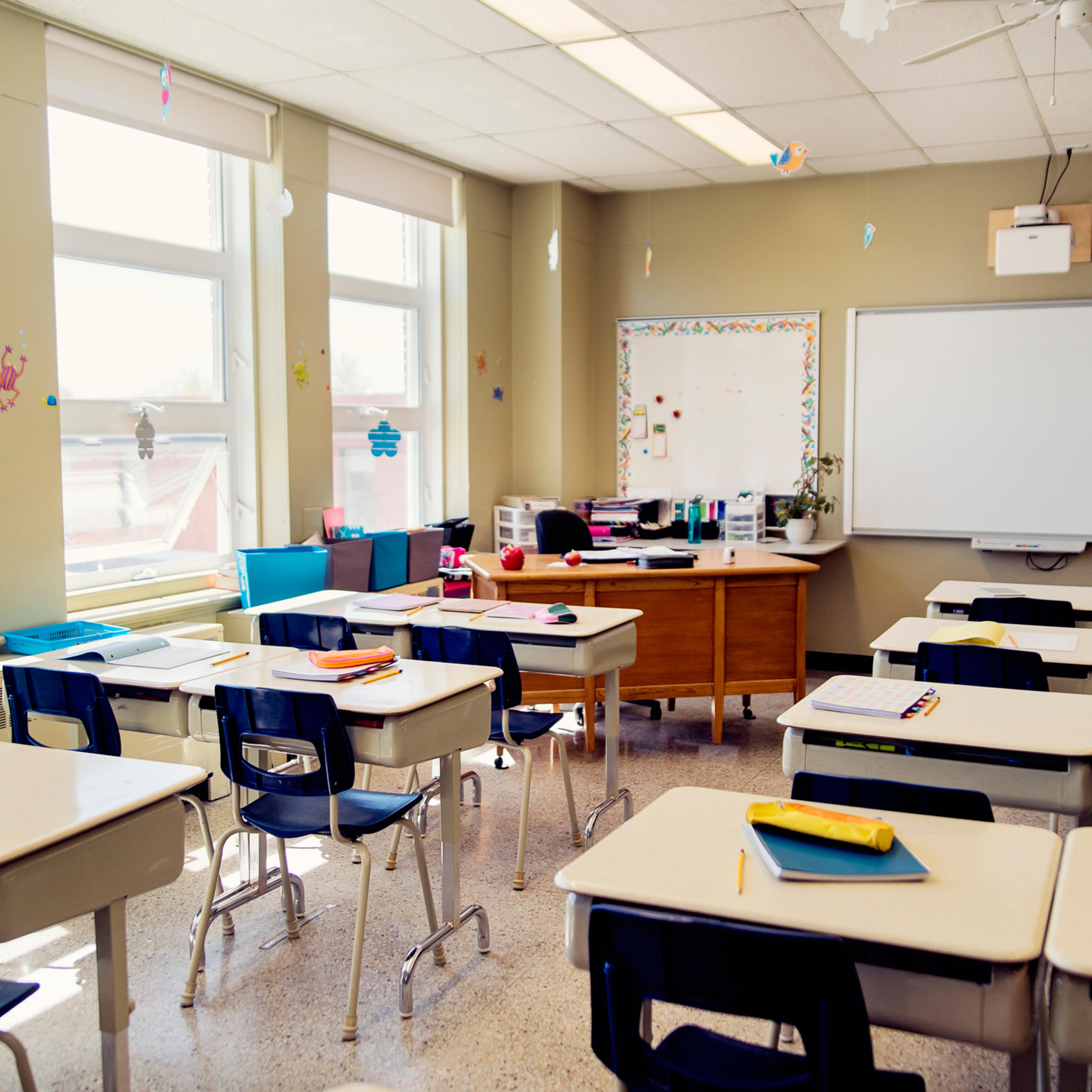 Empty elementary classroom during recess.