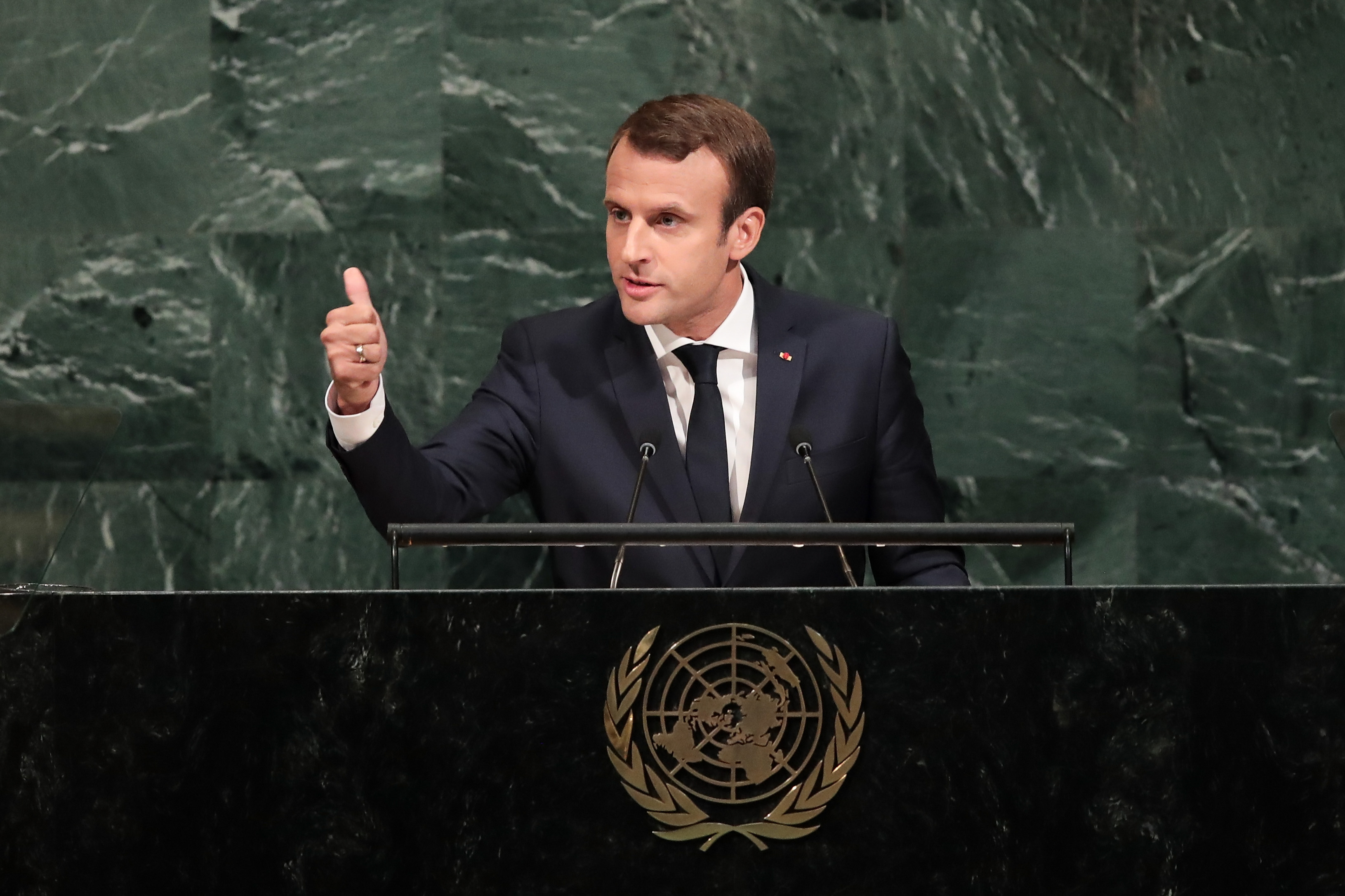 President of France Emmanuel Macron addresses the United Nations General Assembly at UN headquarters, September 19, 2017 in New York City.