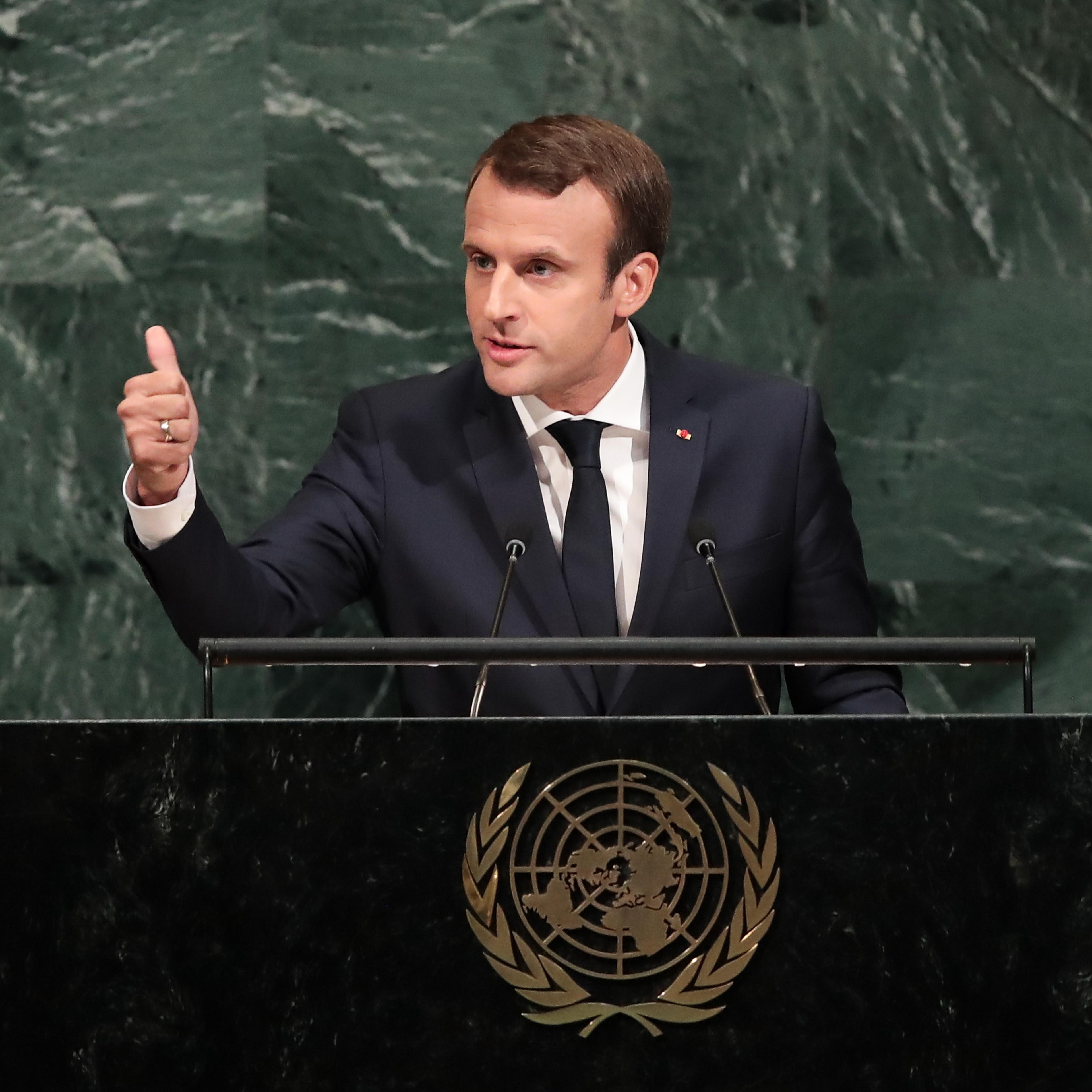 President of France Emmanuel Macron addresses the United Nations General Assembly at UN headquarters, September 19, 2017 in New York City.