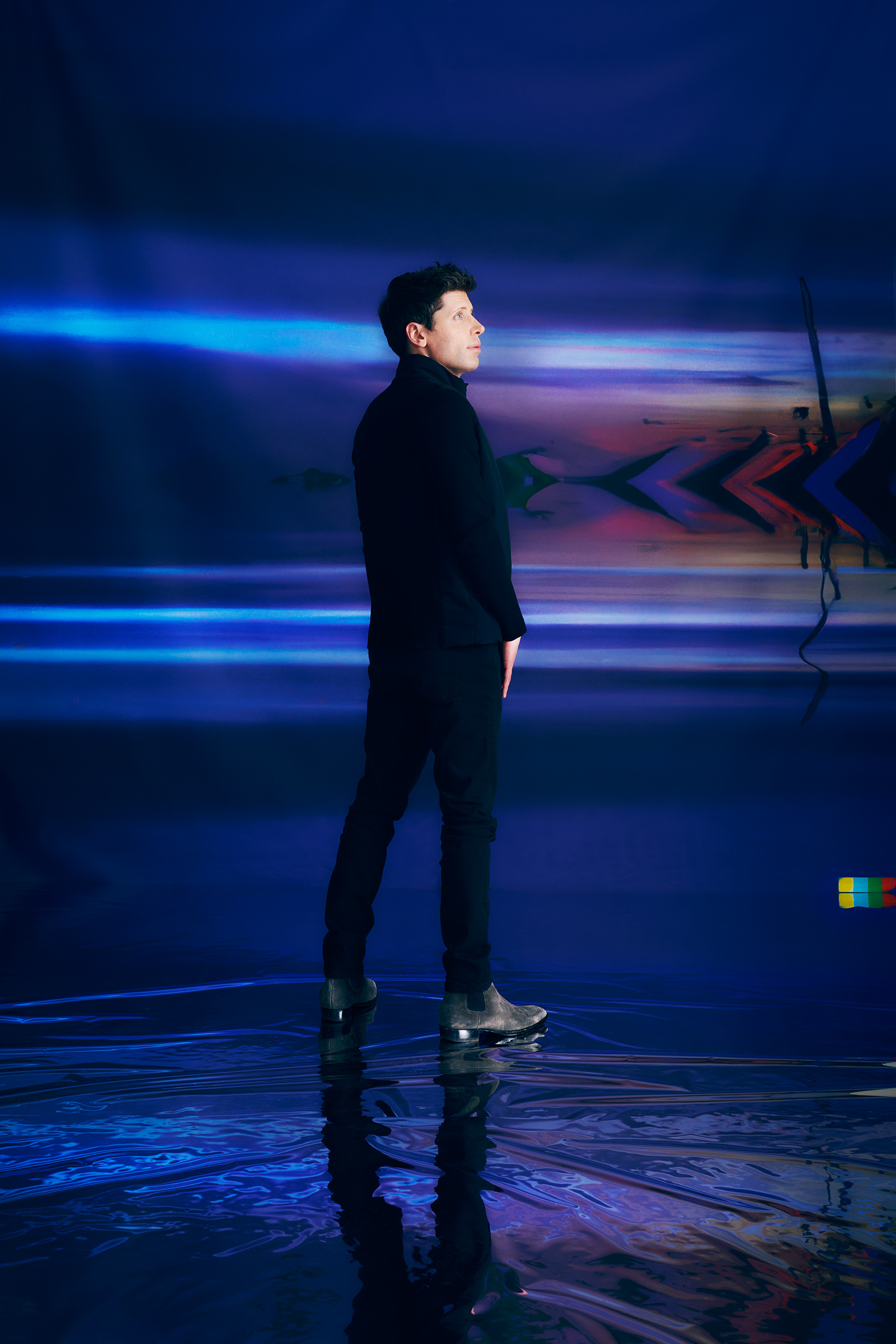 Portrait of Sam Altman CEO of OpenAI for TIME Magazine 2023. Bespoke backdrop designed by DALL-E, AI system.
