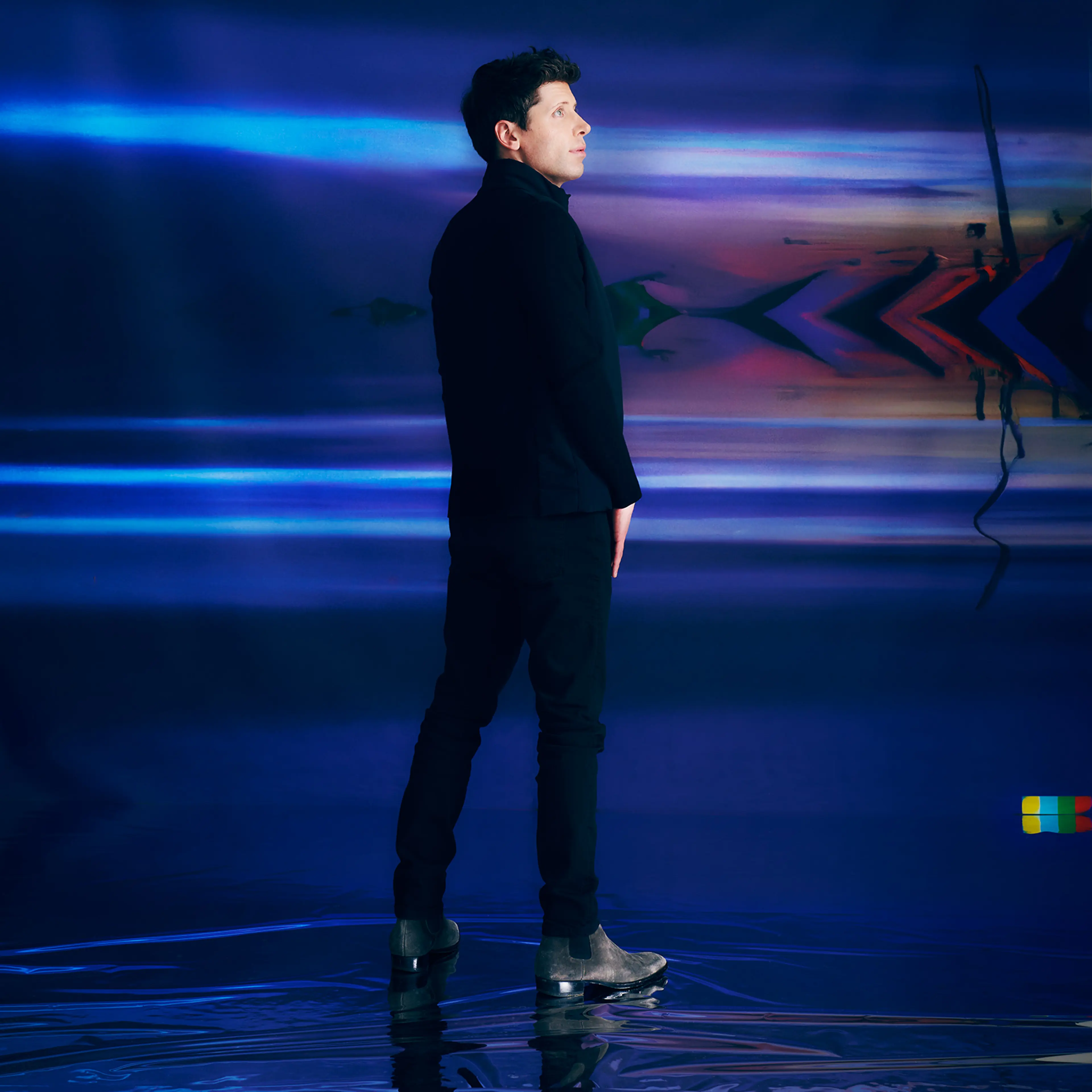 Portrait of Sam Altman CEO of OpenAI for TIME Magazine 2023. Bespoke backdrop designed by DALL-E, AI system.