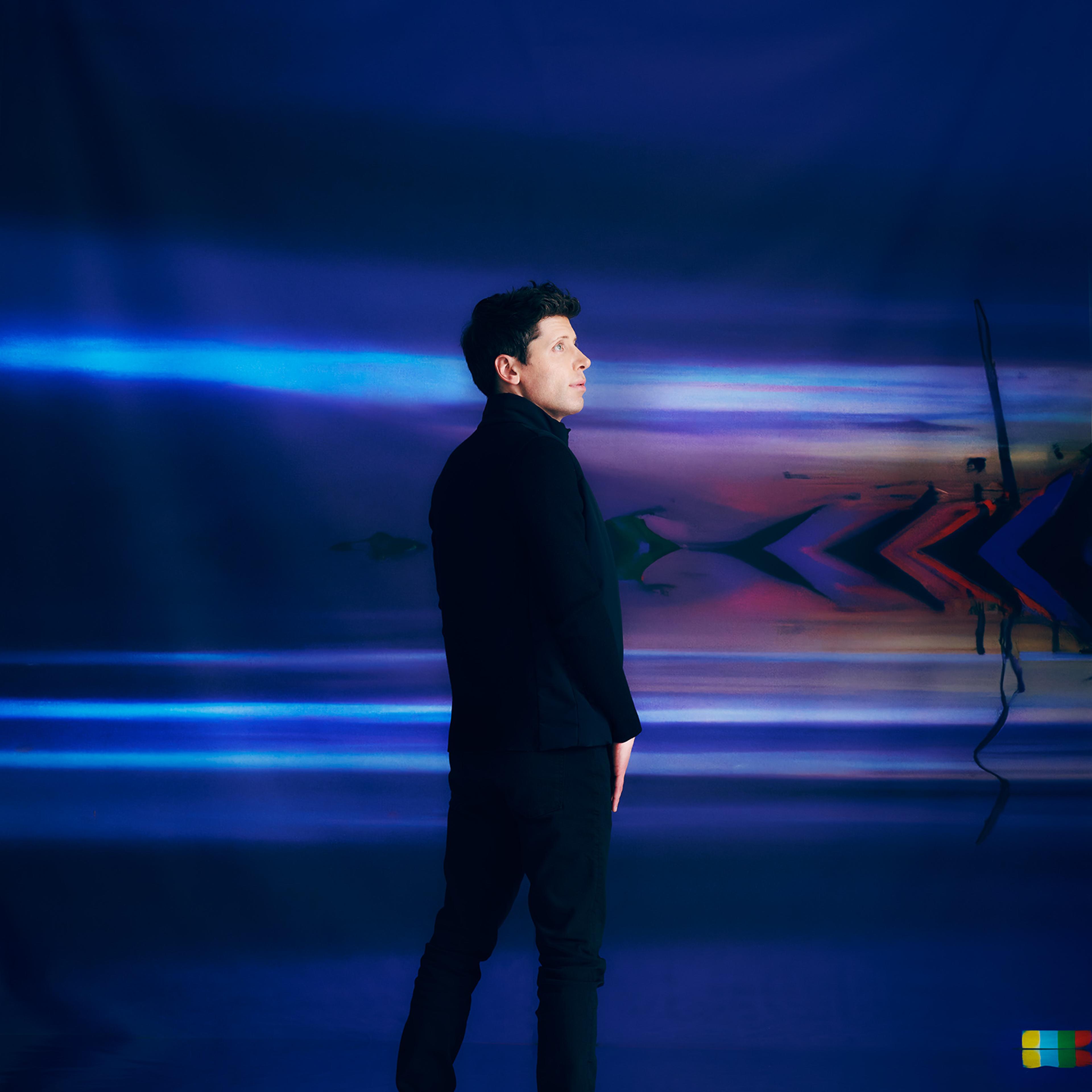 Portrait of Sam Altman CEO of OpenAI for TIME Magazine 2023. Bespoke backdrop designed by DALL-E, AI system.