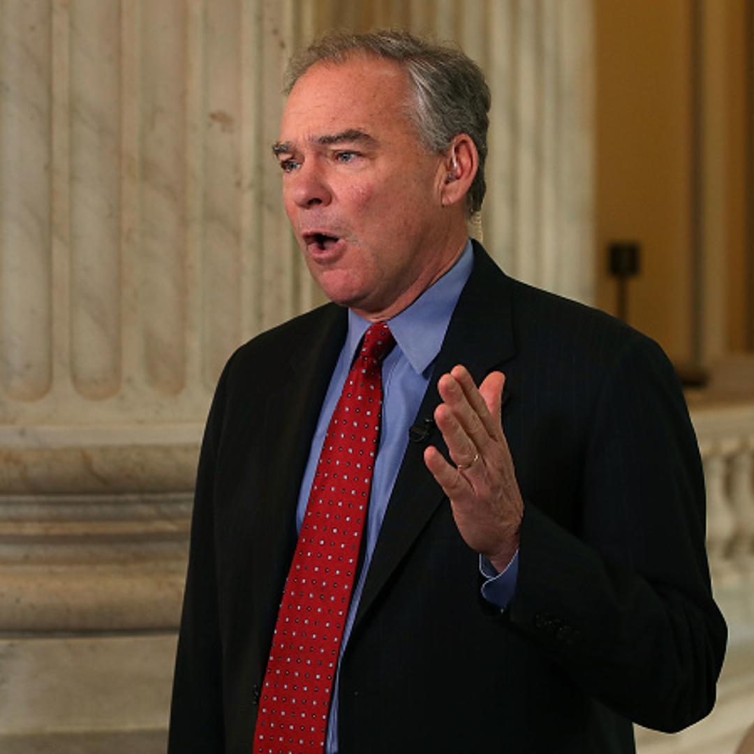Sen. Tim Kaine (D-VA) speaks on a morning television news show about President Trump's firing yesterday of FBI Director James Comey, on Capitol Hill May 10, 2017 in Washington, DC.
