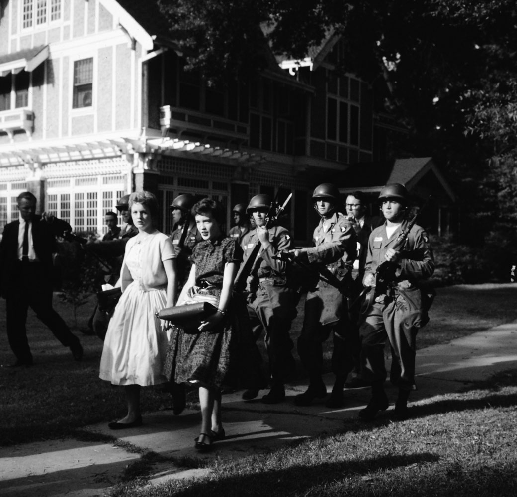 Scene in Little Rock, Arkansas, during anti-integration protests in September 1957.