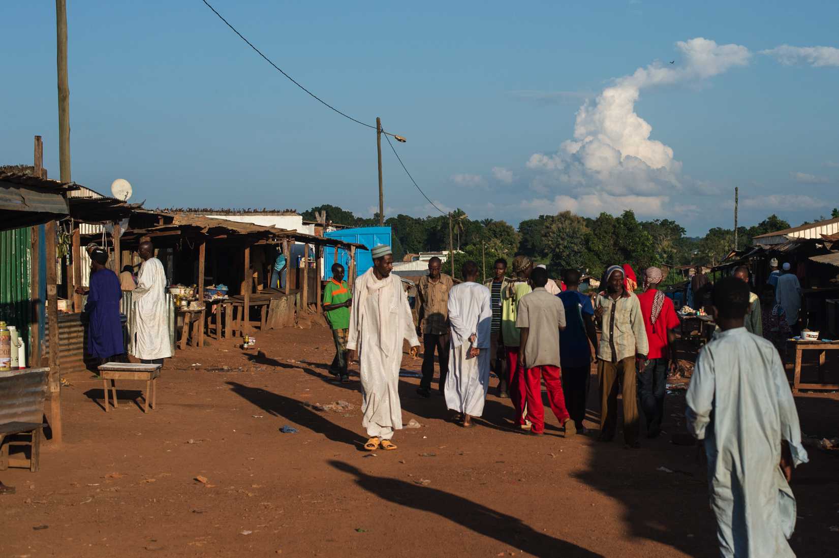 This Aug. 28, 2014, photo shows a Muslim enclosed area between the road to Bangui blocked by an anti-<i>balaka</i> district and Chretien neighborhood in Boda, Central African Republic 