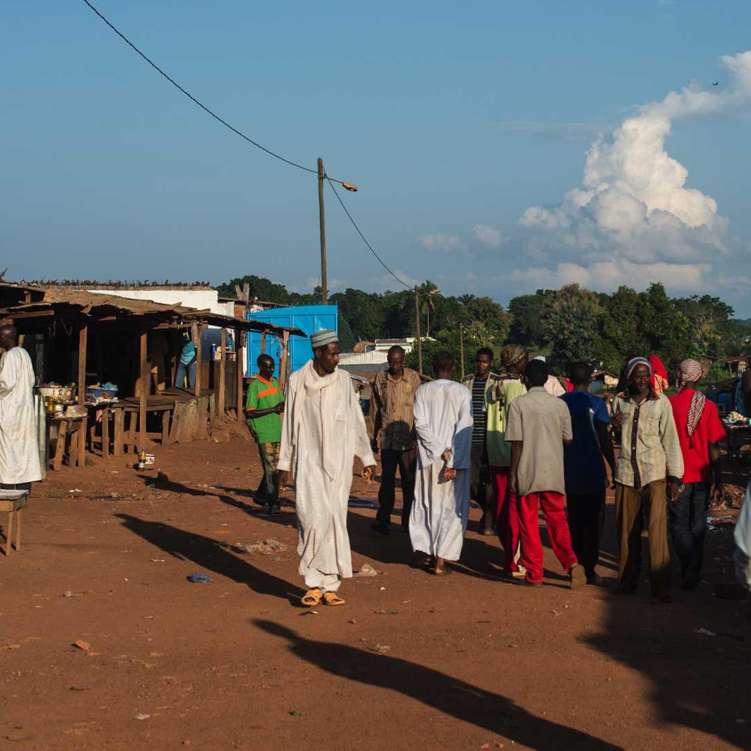 This Aug. 28, 2014, photo shows a Muslim enclosed area between the road to Bangui blocked by an anti-<i>balaka</i> district and Chretien neighborhood in Boda, Central African Republic