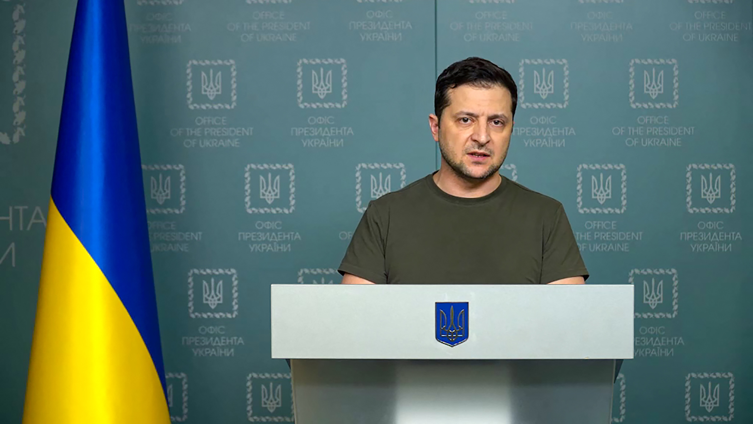 Ukrainian President Volodymyr Zelensky delivers an address in Kyiv on Feb. 27. President Zelensky said Ukraine was willing to hold talks with Russia, but rejected convening them in neighbouring Belarus as it was being used as a launchpad for Moscow's invasion