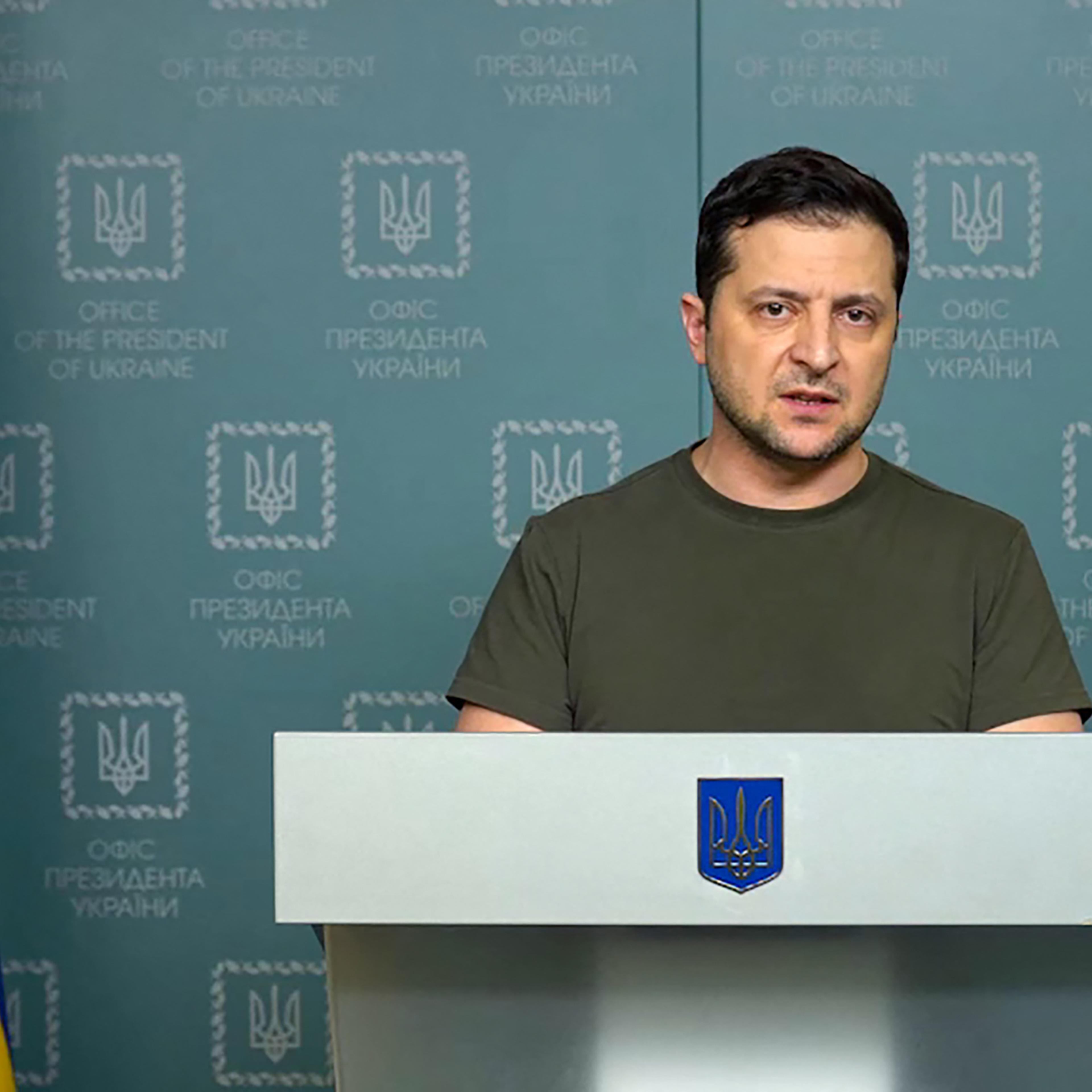 Ukrainian President Volodymyr Zelensky delivers an address in Kyiv on Feb. 27. President Zelensky said Ukraine was willing to hold talks with Russia, but rejected convening them in neighbouring Belarus as it was being used as a launchpad for Moscow's invasion