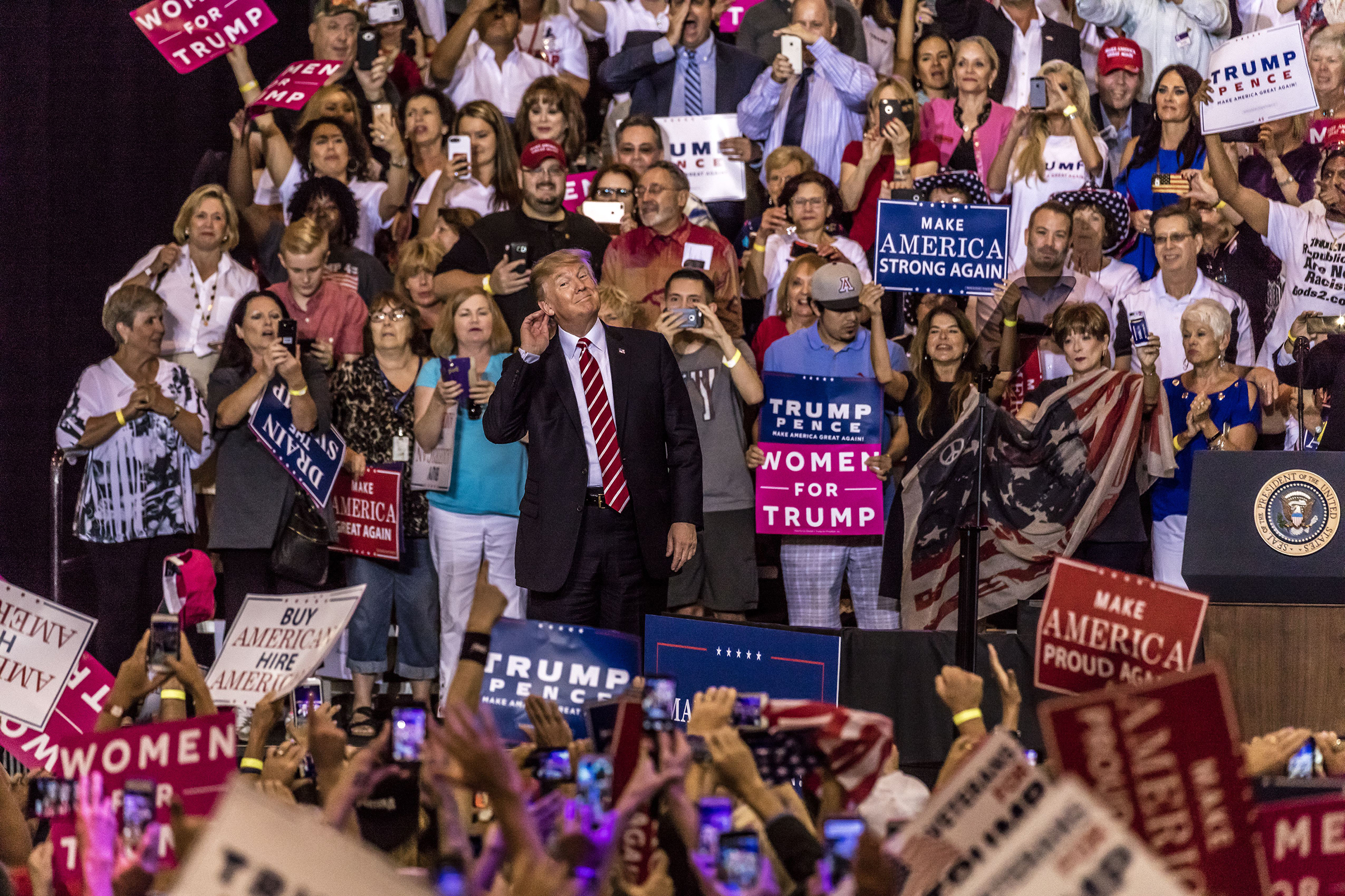 Donald Trump speaks to a crowd of supporters during a 2020 rally in Phoenix on Aug. 22, 2017