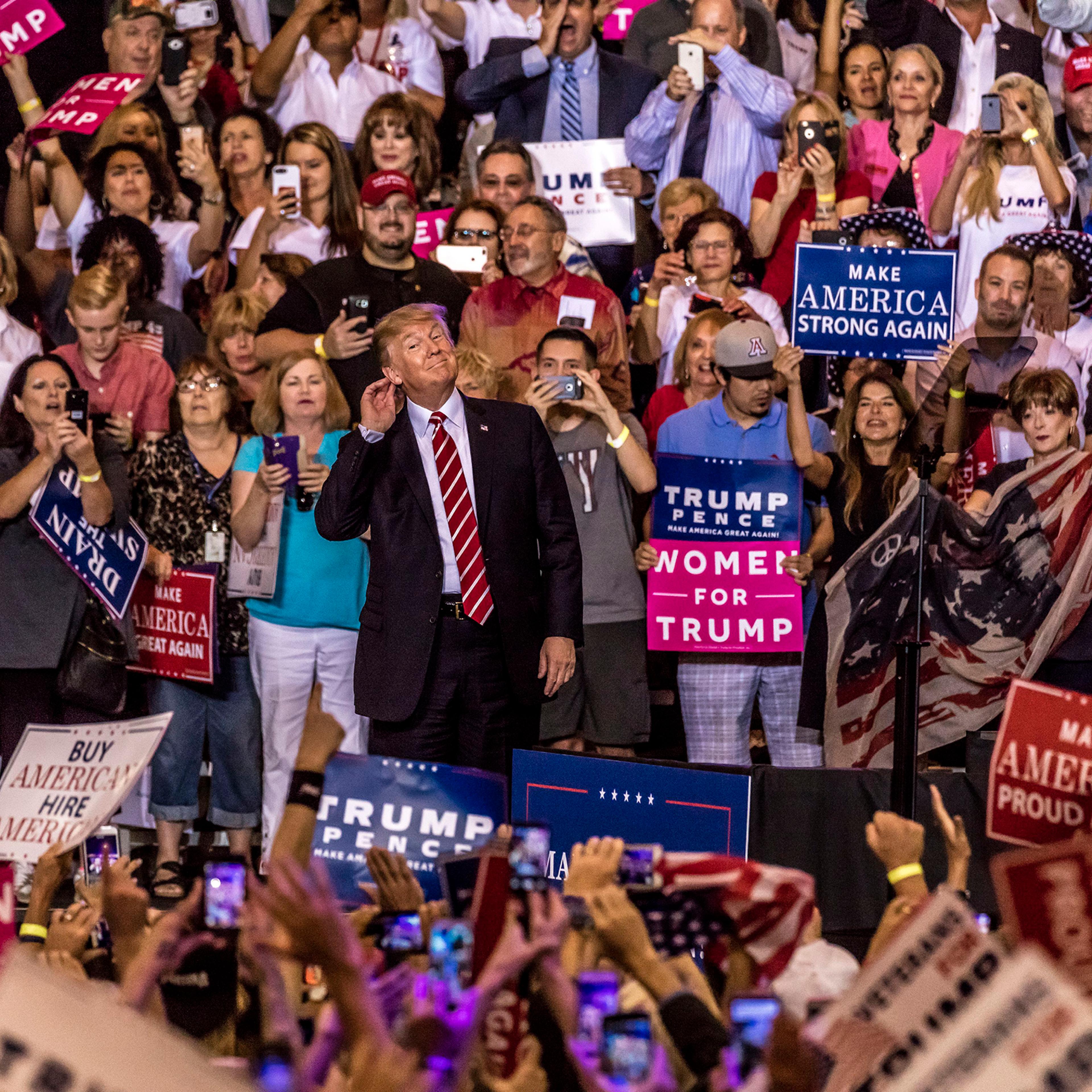 Donald Trump speaks to a crowd of supporters during a 2020 rally in Phoenix on Aug. 22, 2017