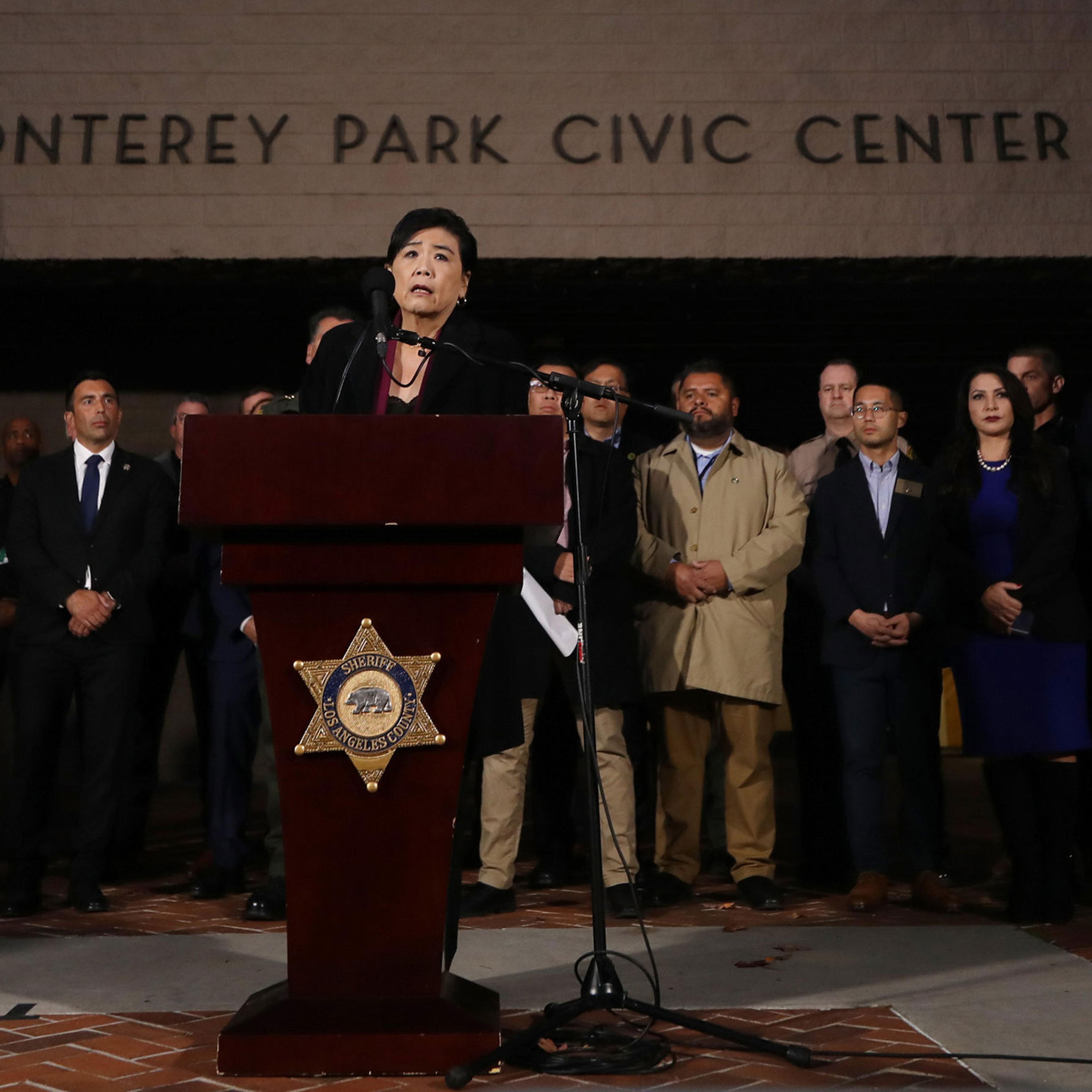 Jan 22, 2023; Monterey Park, CA, USA; Congresswomen Judy Chu speaks in front of the Monterey Park Civic center during a press