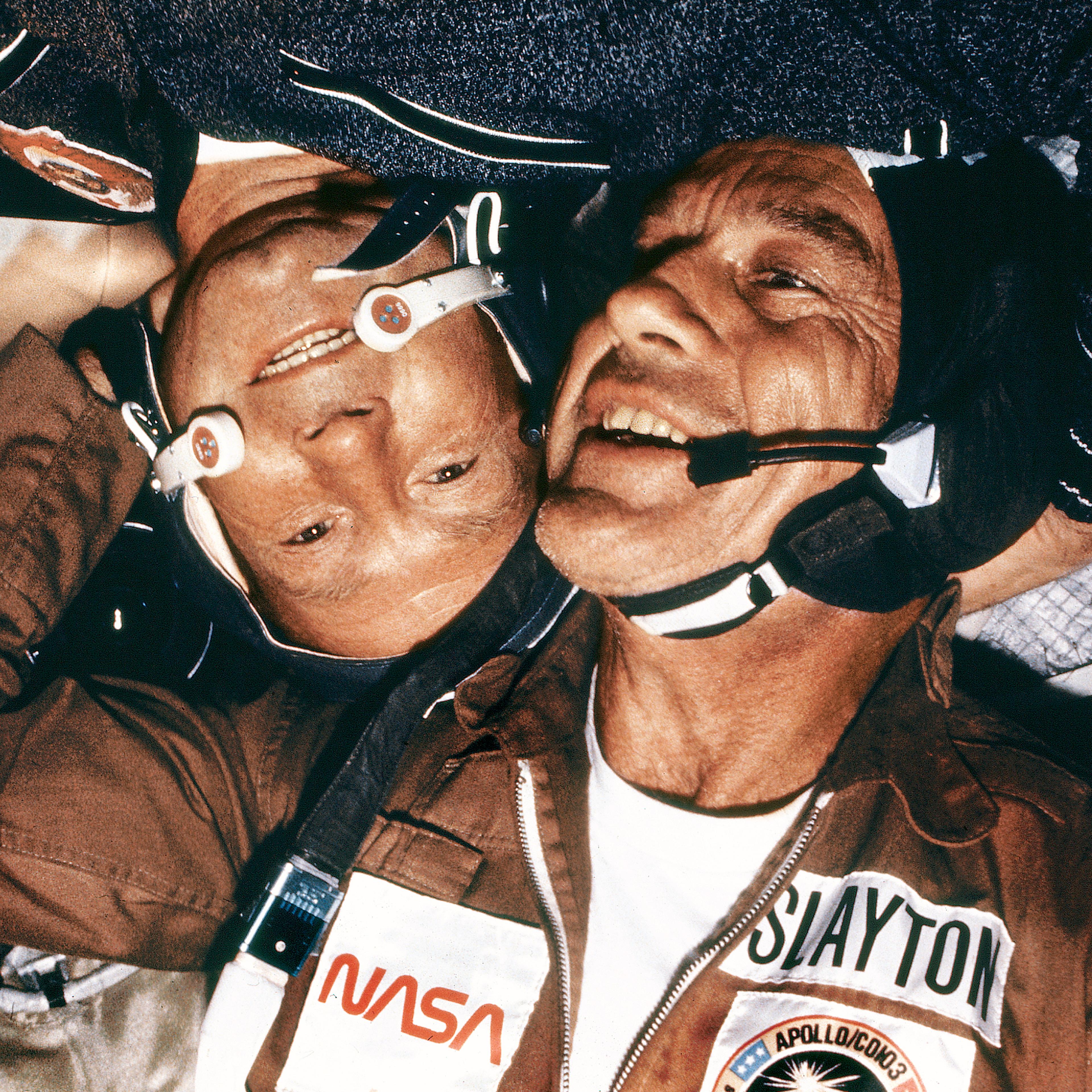 American astronaut Deke Slayton and Russian cosmonaut Alexei Leonov during the US-Soviet Apollo-Soyuz linkup.