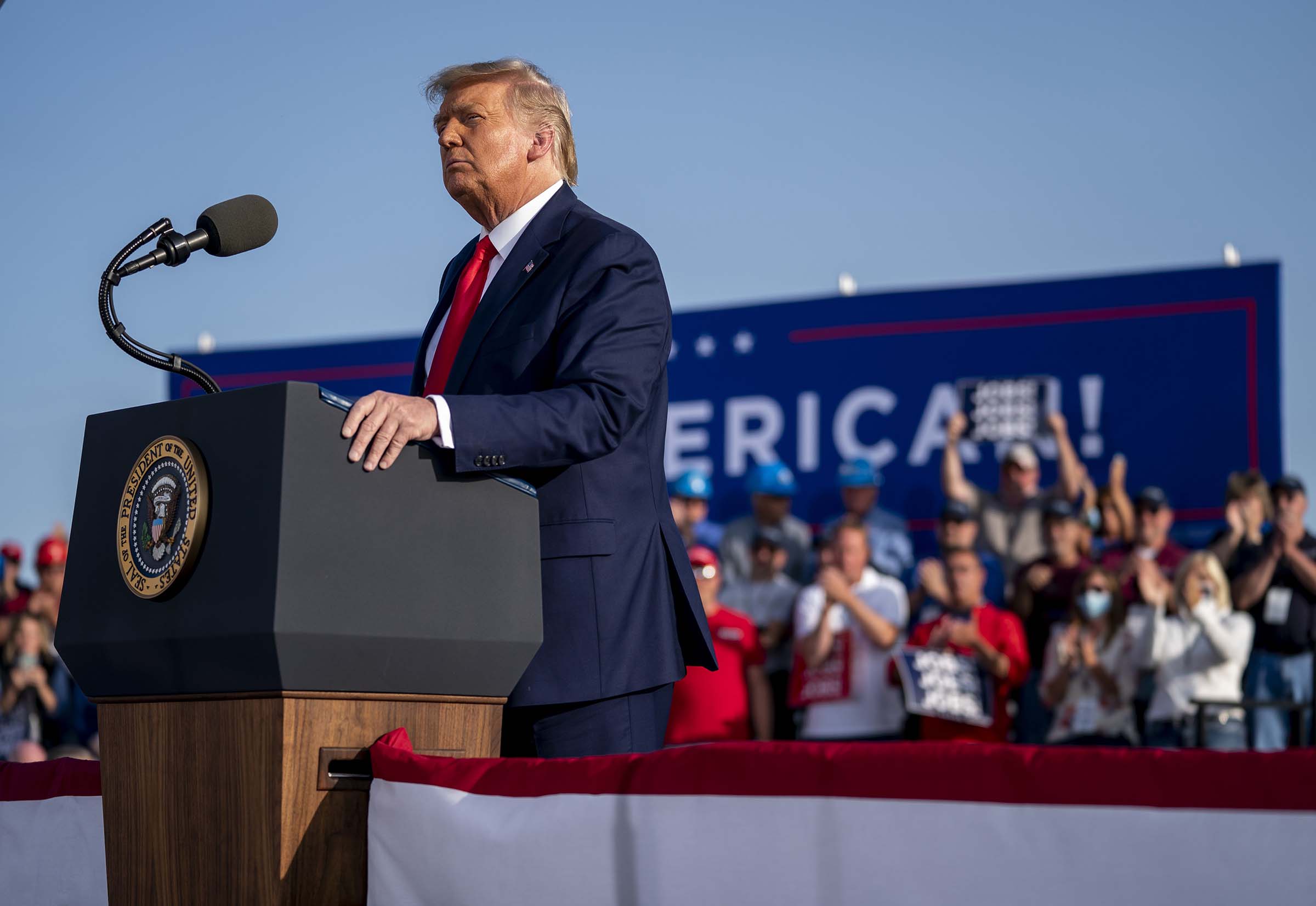 President Donald Trump speaks during a campaign rally at the Dayton International Airport in Dayton, Ohio, on Monday, Sept. 21, 2020. (Doug Mills/The New York Times)