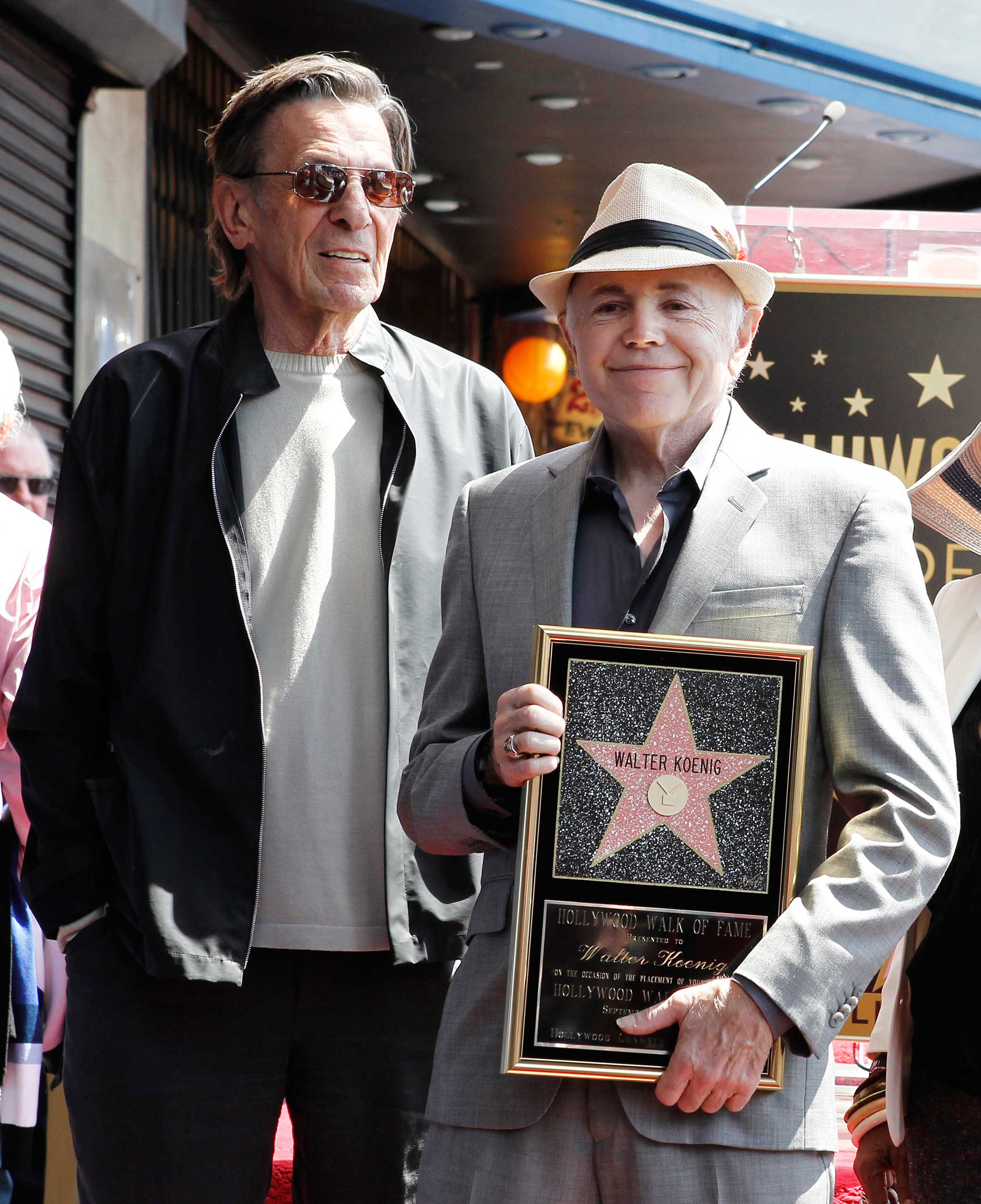 'Star Trek" television series actors  Leonard Nimoy at unveiling of actor Walter Koenig's star on the Hollywood Walk of Fame in Hollywood