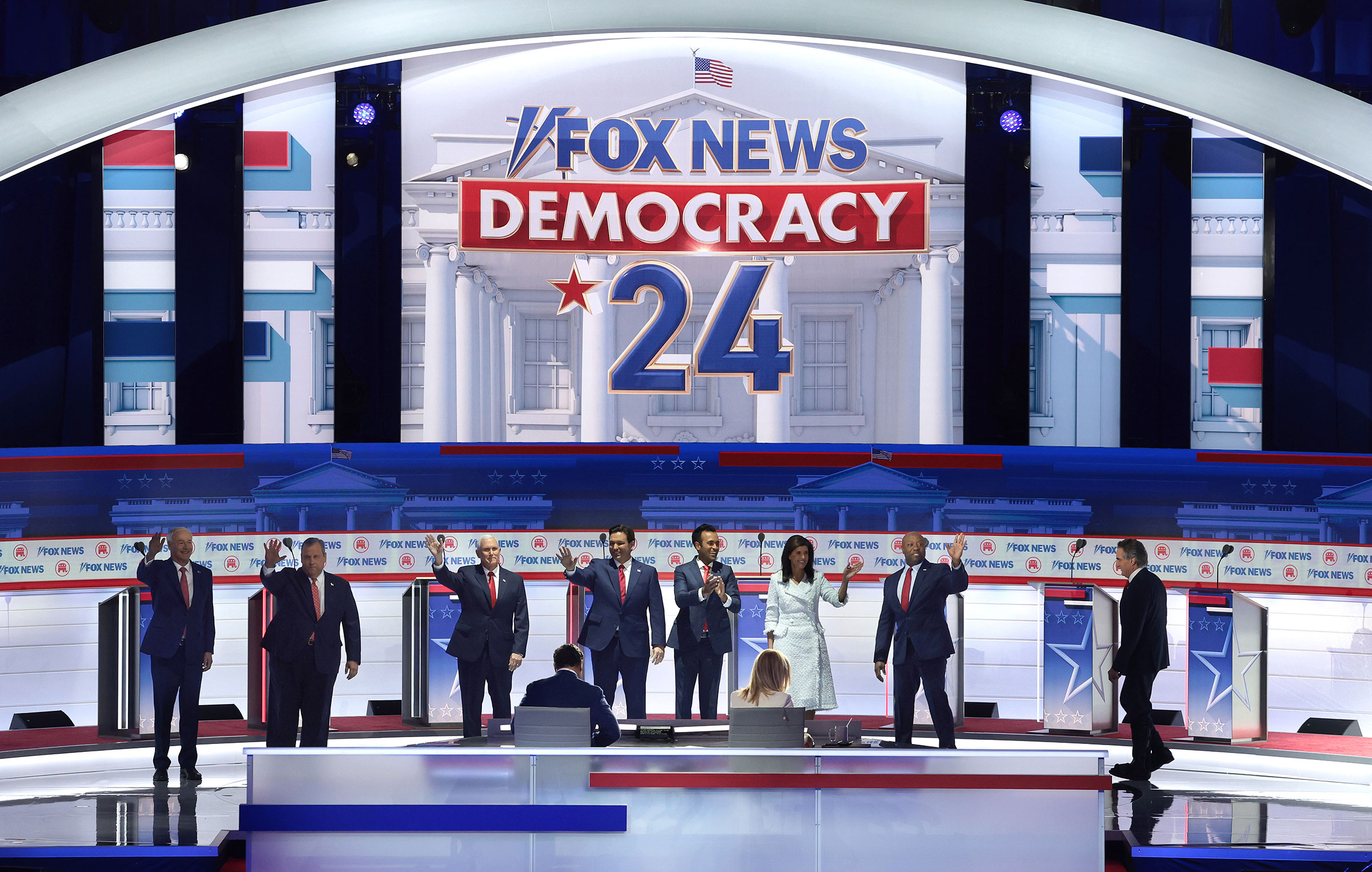 Republican presidential candidates former Ark. Gov. Asa Hutchinson, former N.J. Gov. Chris Christie, former Vice President Mike Pence, Fla. Gov. Ron DeSantis, Vivek Ramaswamy, former U.N. Ambassador Nikki Haley, Sen. Tim Scott and N.D. Gov. Doug Burgum w