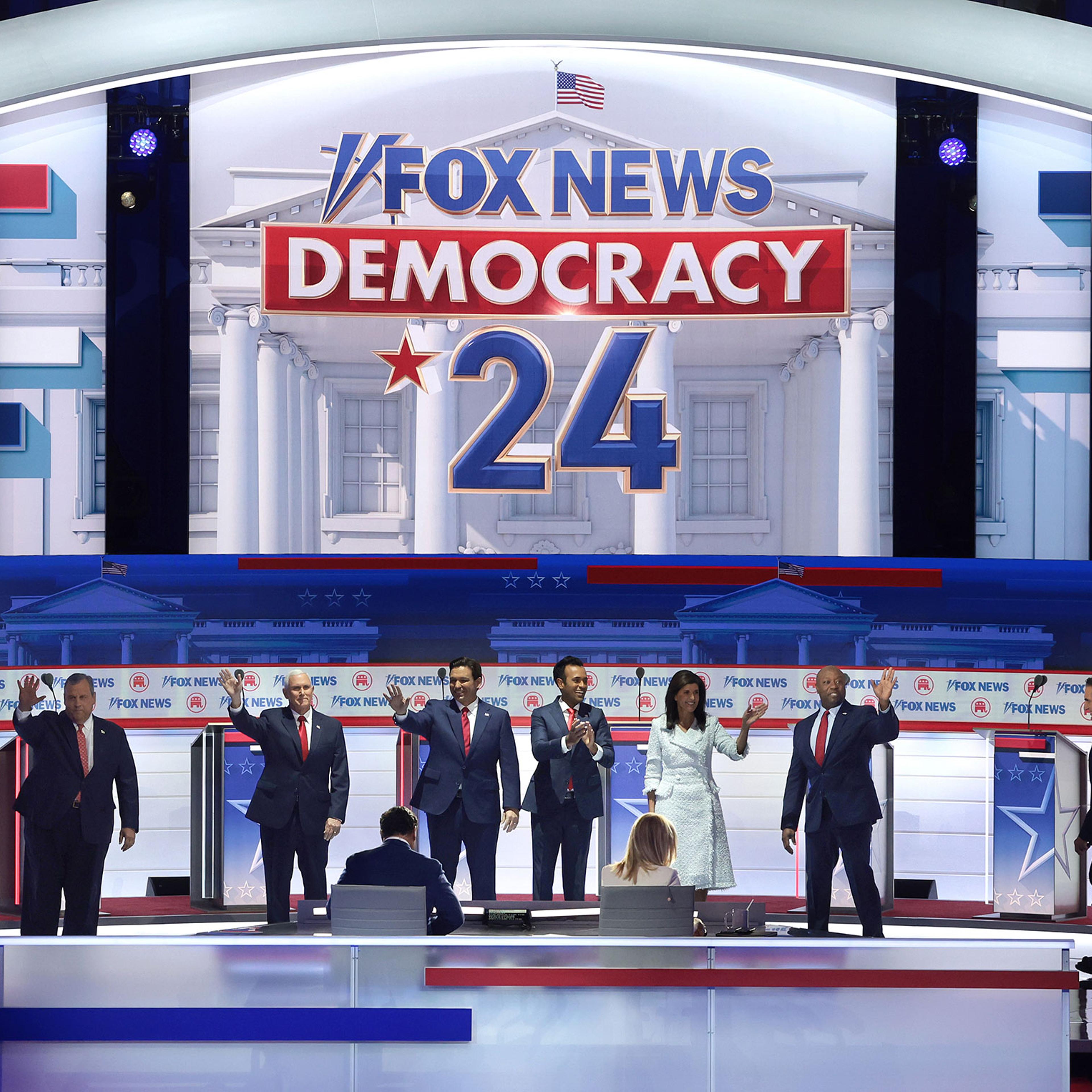 Republican presidential candidates former Ark. Gov. Asa Hutchinson, former N.J. Gov. Chris Christie, former Vice President Mike Pence, Fla. Gov. Ron DeSantis, Vivek Ramaswamy, former U.N. Ambassador Nikki Haley, Sen. Tim Scott and N.D. Gov. Doug Burgum w