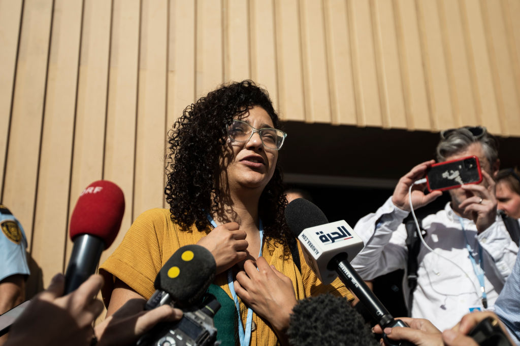 Sanaa Seif, sister of Egyptian-British jailed activist Alaa Abdel-Fattah, who is on a hunger and water strike, gives a statement after her press conference on Alaa situation during the 2022 U.N Climate Change Conference COP27 at the International Convent