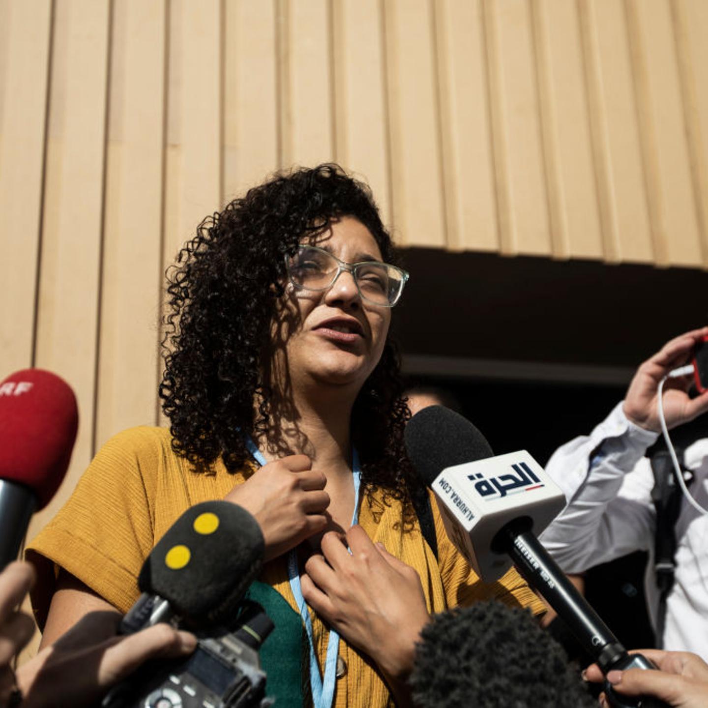 Sanaa Seif, sister of Egyptian-British jailed activist Alaa Abdel-Fattah, who is on a hunger and water strike, gives a statement after her press conference on Alaa situation during the 2022 U.N Climate Change Conference COP27 at the International Convent