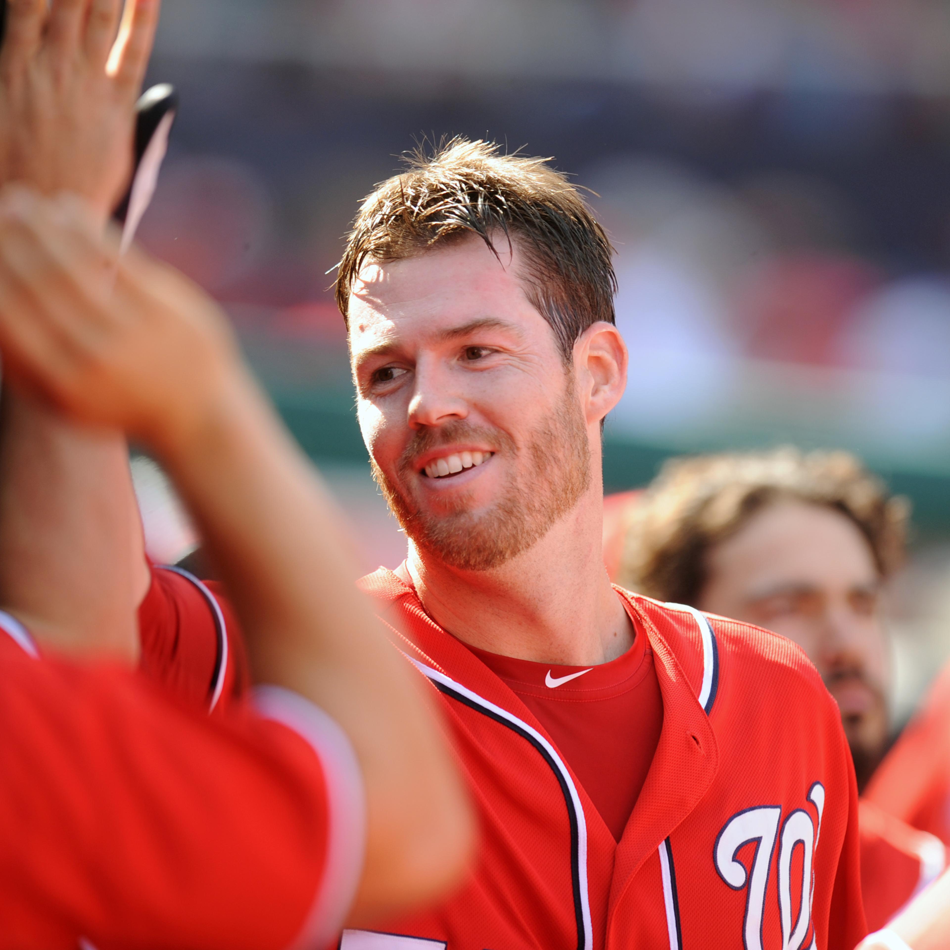 Doug Fister of the Washington Nationals celebrates scoring a run in the sixth inning on a Ryan ZImmerman single during one of a doubleheader against the Miami Marlins on Sept. 26, 2014 at Nationals Park in Washington.