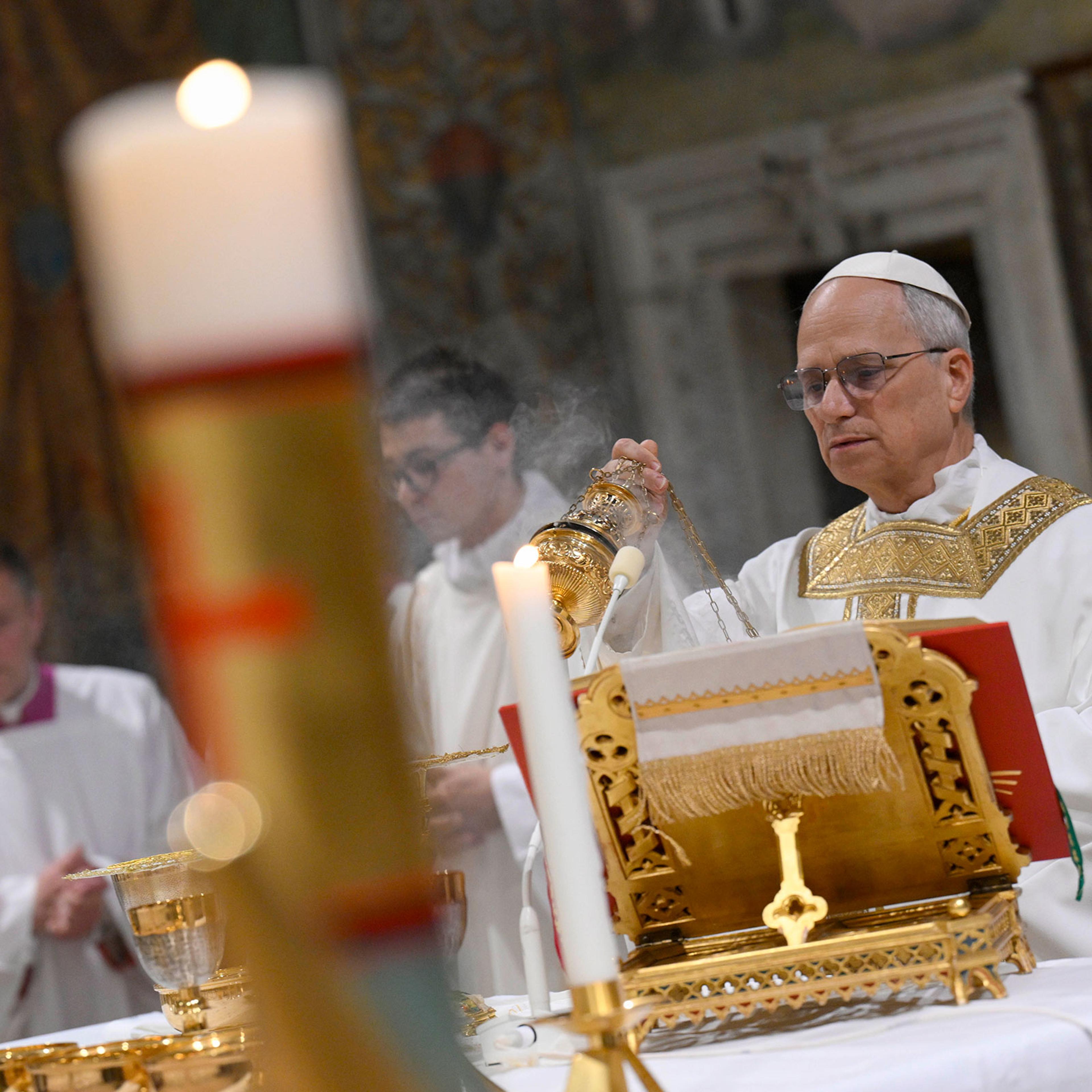 Cardinal Robert Francis Prevost presides over his first Holy Mass as Pope Leo XIV with cardinals in the Sistine Chapel at the conclusion of the Conclave on May 9, 2025.