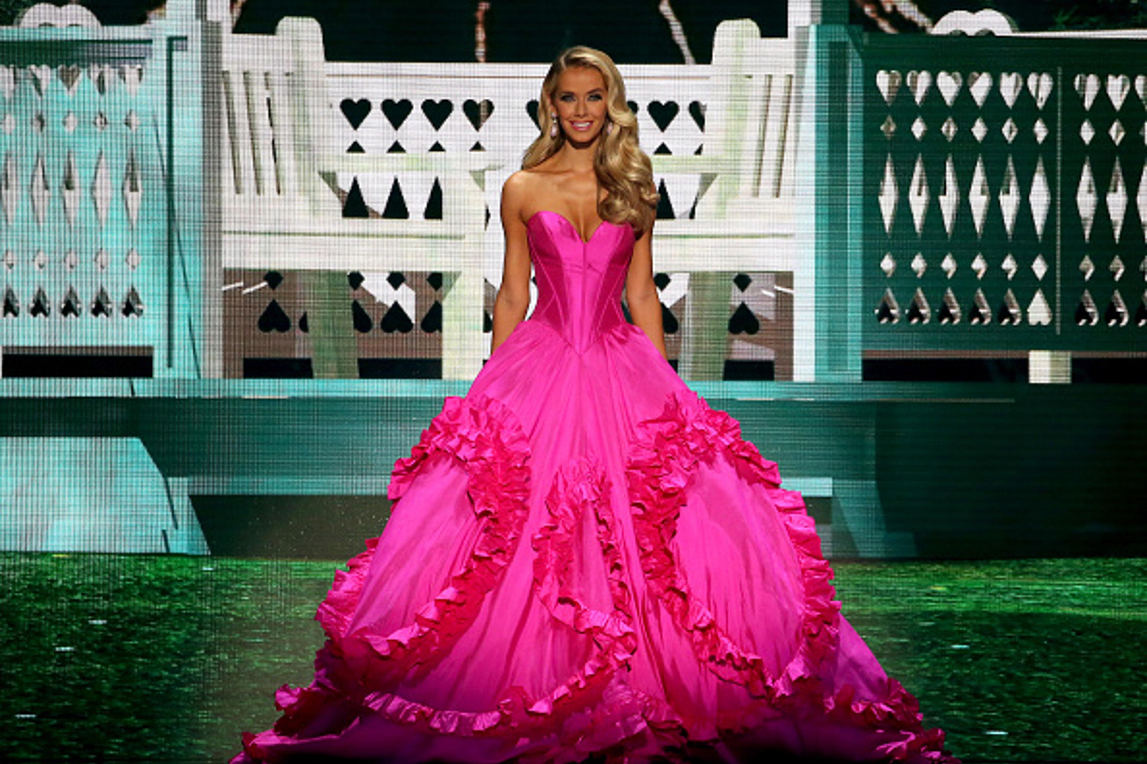 olivia jordan pink dress Olivia Jordan Fuchsia Strapless Ruffled Ball Gown Miss USA 2015 TCD7731