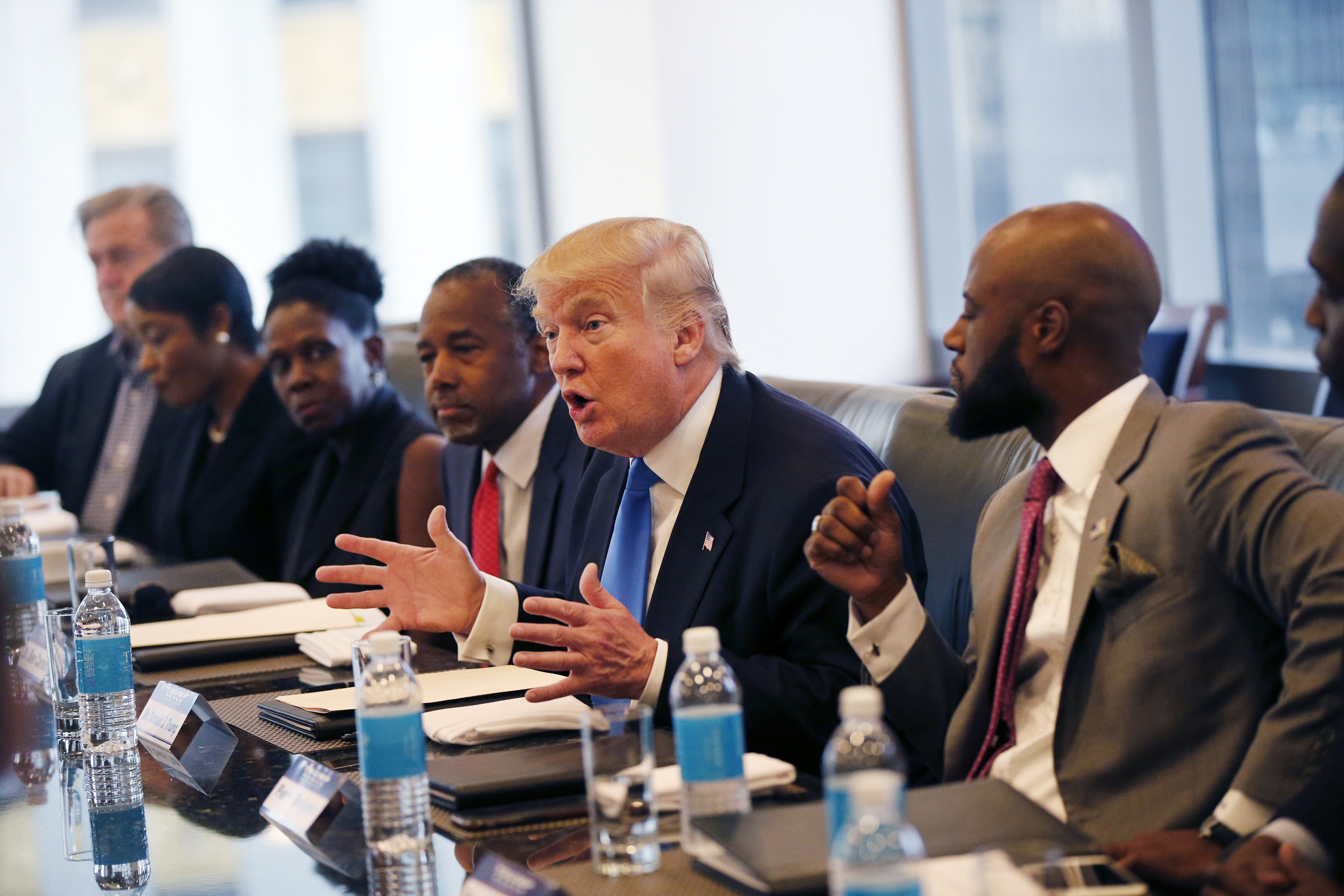Republican presidential candidate Donald Trump holds a roundtable meeting with the Republican Leadership Initiative in his offices at Trump Tower in New York City on Aug. 25, 2016. Dr. Ben Carson is seated next to Trump at center.