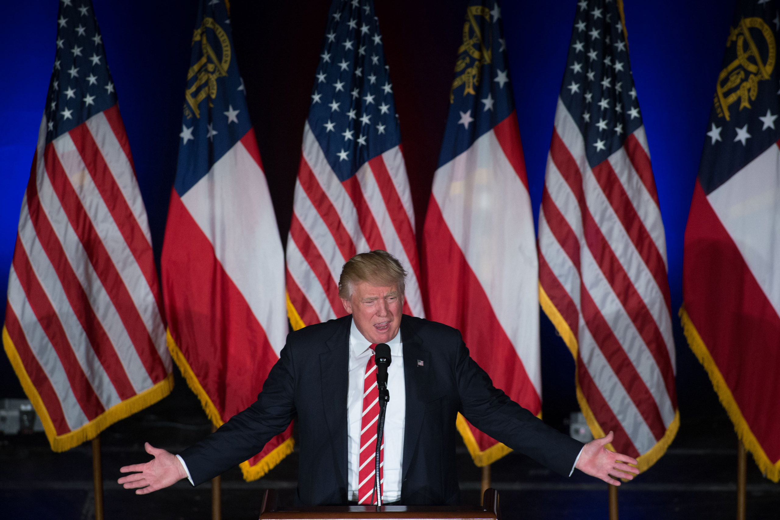 ATLANTA, GA - JUNE 15: Republican presidential candidate Donald Trump speaks during a campaign rally at The Fox Theatre on June 15, 2016 in Atlanta, Georgia. Trump and Democratic presidential candidate Hillary Clinton continue to speak out on national se