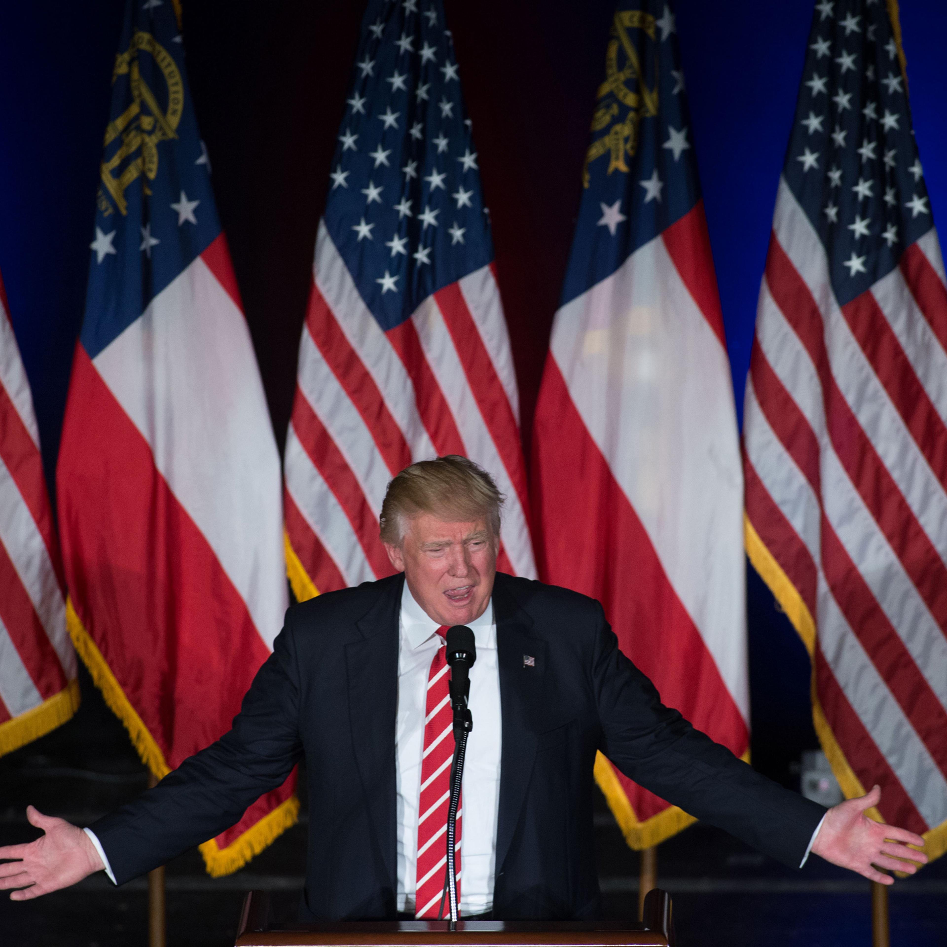 ATLANTA, GA - JUNE 15: Republican presidential candidate Donald Trump speaks during a campaign rally at The Fox Theatre on June 15, 2016 in Atlanta, Georgia. Trump and Democratic presidential candidate Hillary Clinton continue to speak out on national se