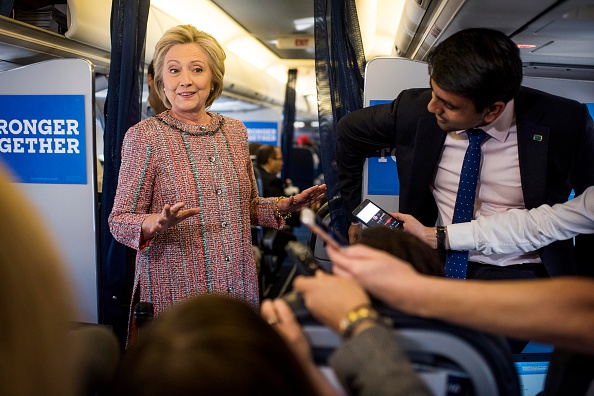 After several days of recovering from pneumonia at home, Democratic Nominee for President of the United States former Secretary of State Hillary Clinton returns to the campaign trail beginning her day by greeting the Press Corp aboard the campaign plane 