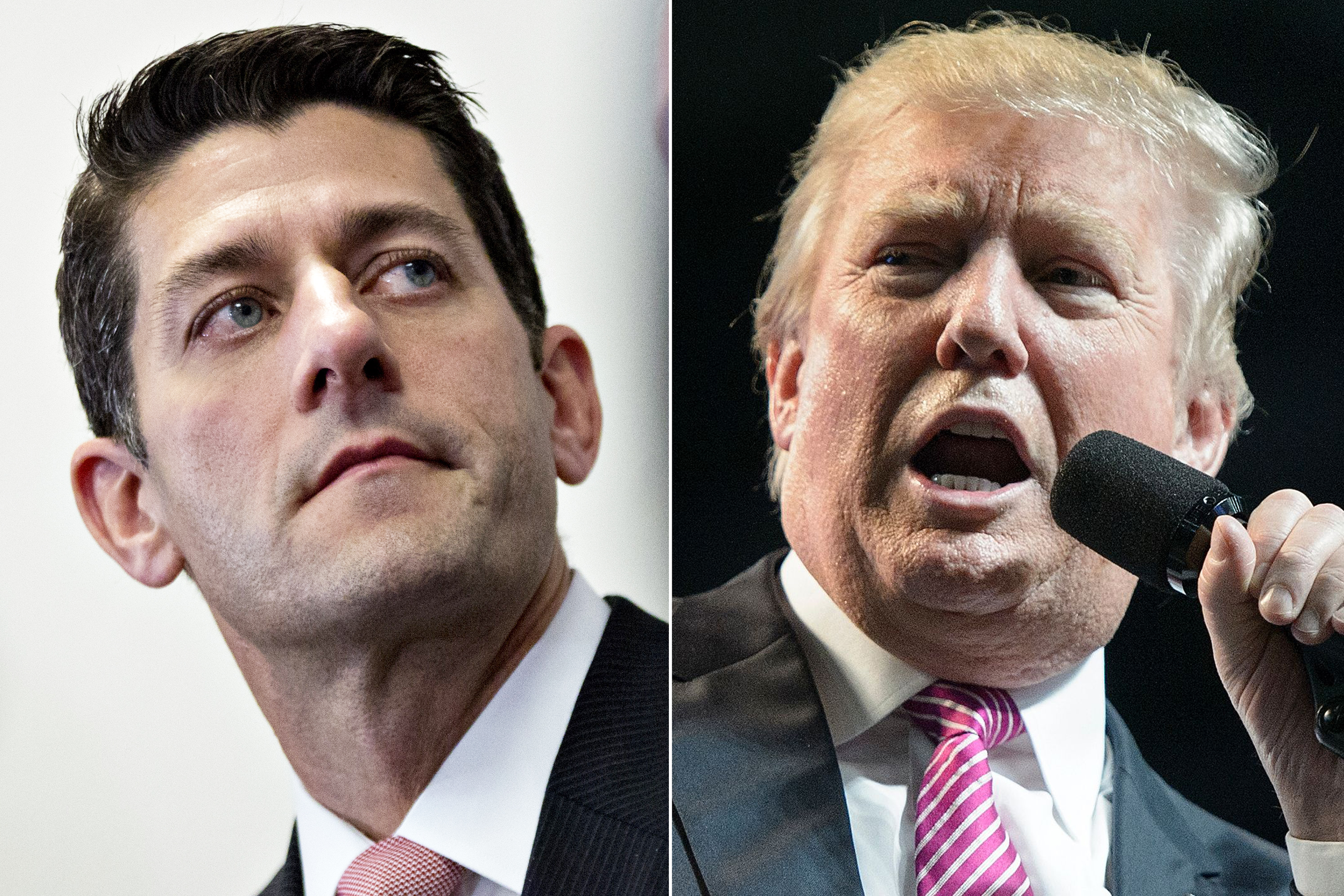 Paul Ryan in Washington, on May 11, 2016 (L); Donald Trump in Charleston, West Virginia, on May 5, 2016.