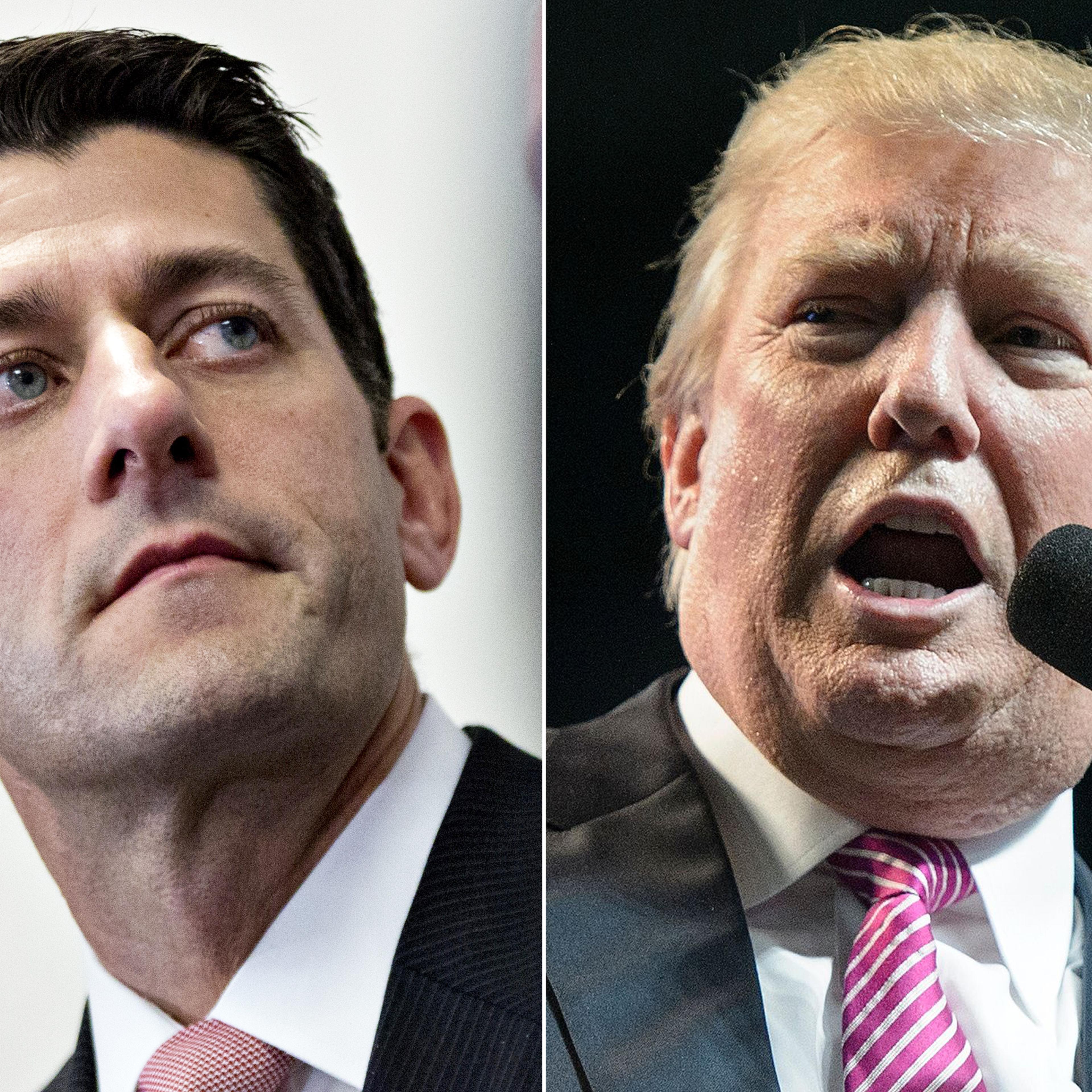 Paul Ryan in Washington, on May 11, 2016 (L); Donald Trump in Charleston, West Virginia, on May 5, 2016.
