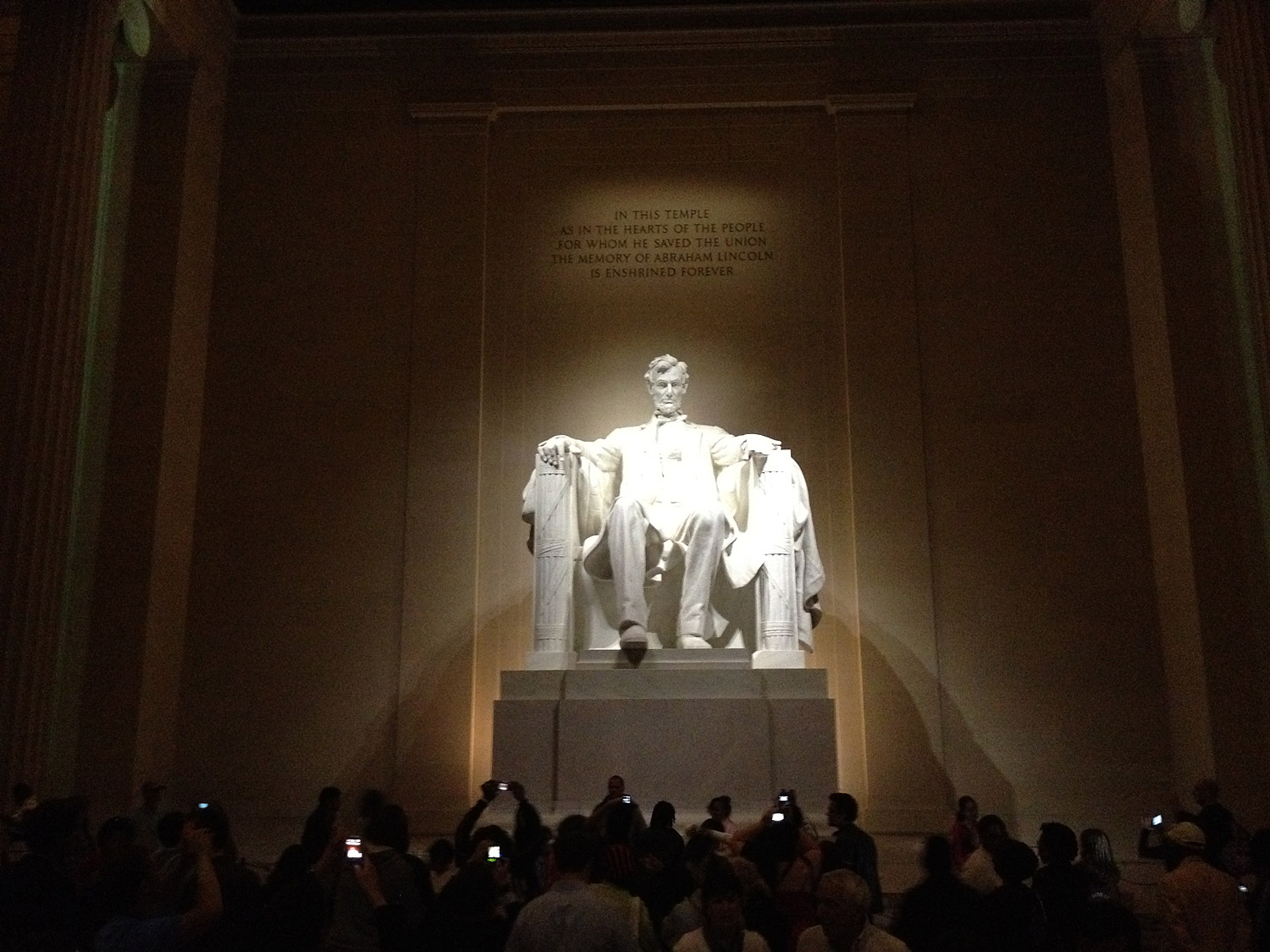 A night scene inside the Lincoln Memorial taken at ISO 640.