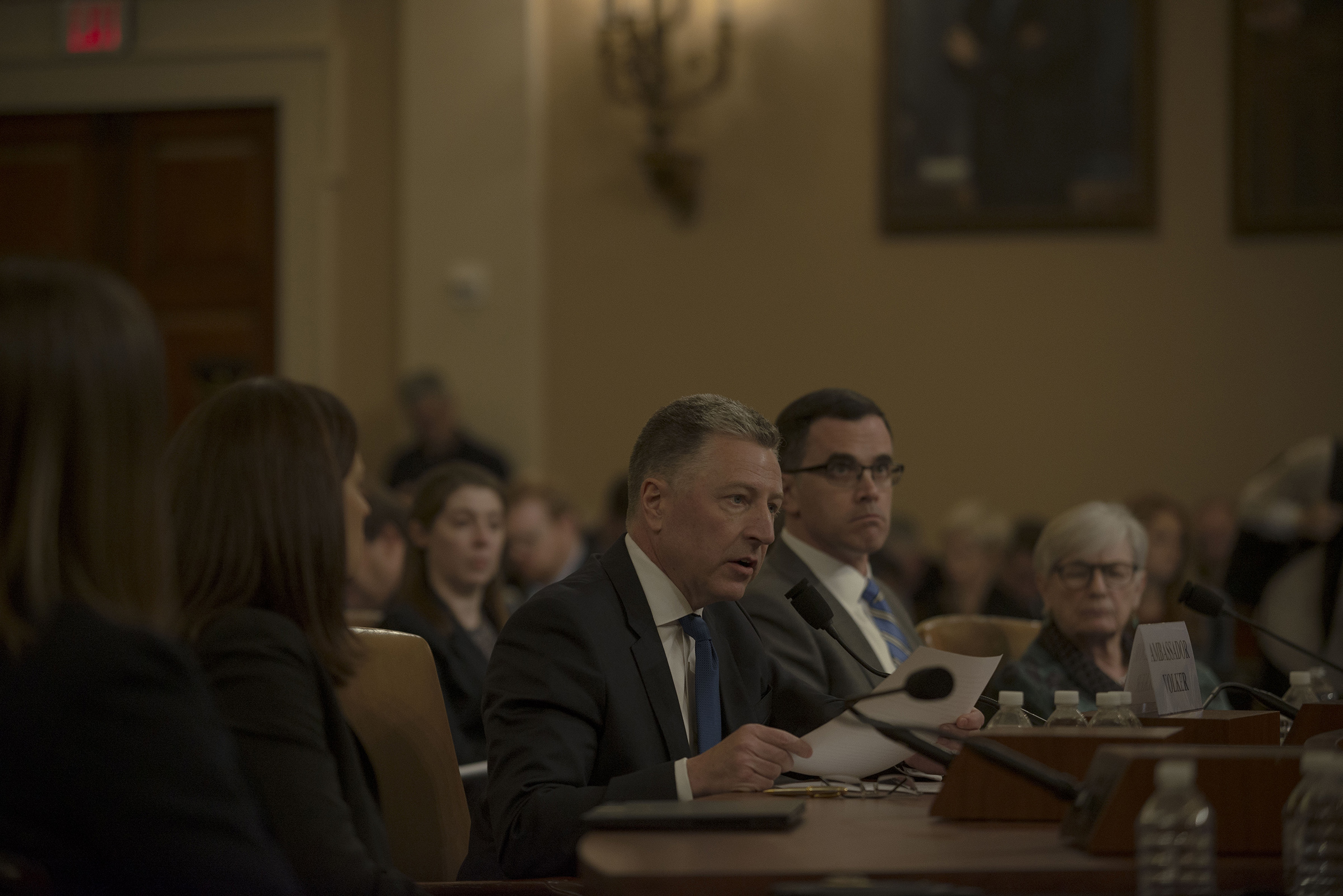11/19/19, Capitol Hill, Washington, D.C. Witnesses Ambassador Kurt Volker and Tim Morrison testify during the House Intelligence Committee hearing on the impeachment inquiry at the Longworth House Office building on Capitol Hill in Washington, D.C. on No