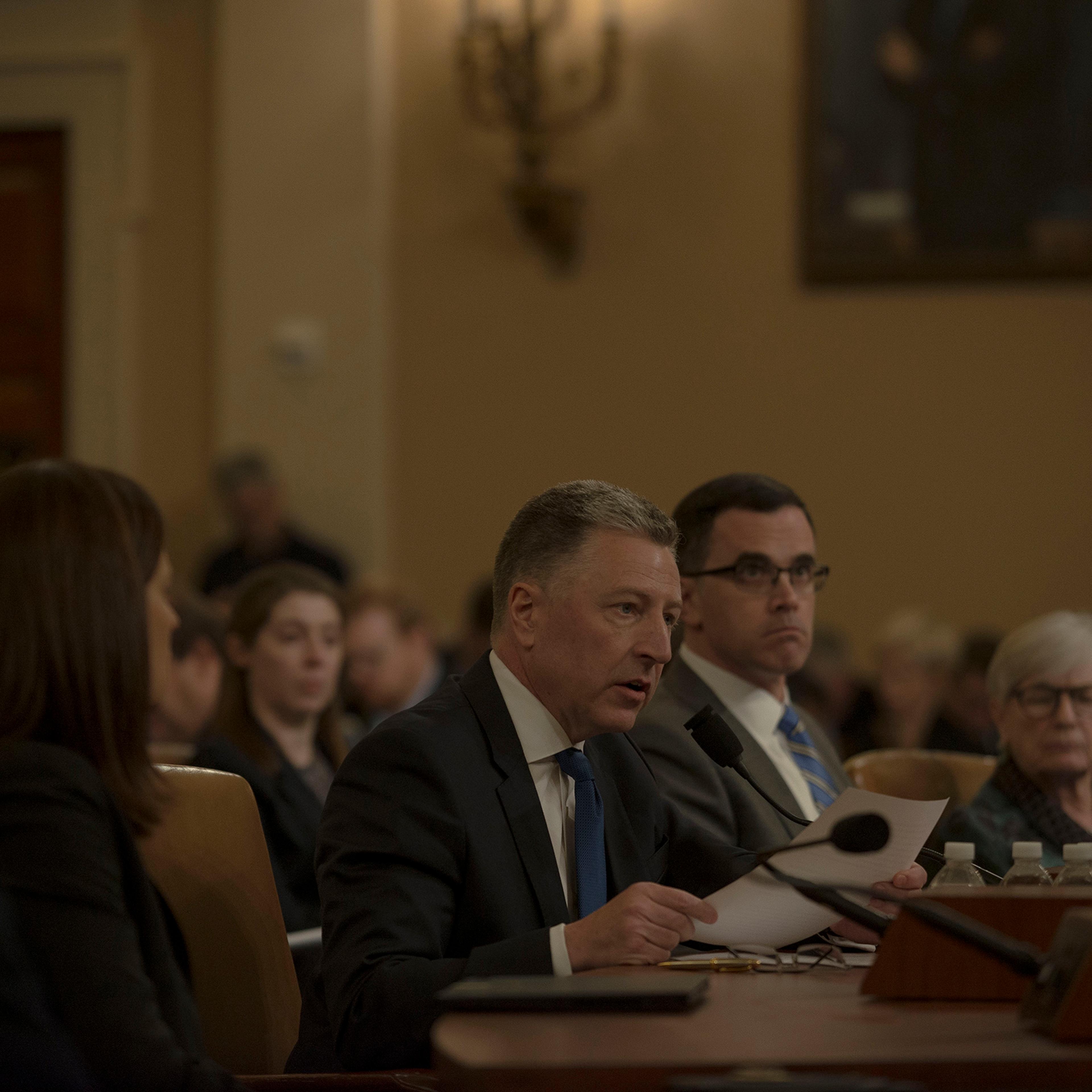 11/19/19, Capitol Hill, Washington, D.C. Witnesses Ambassador Kurt Volker and Tim Morrison testify during the House Intelligence Committee hearing on the impeachment inquiry at the Longworth House Office building on Capitol Hill in Washington, D.C. on No