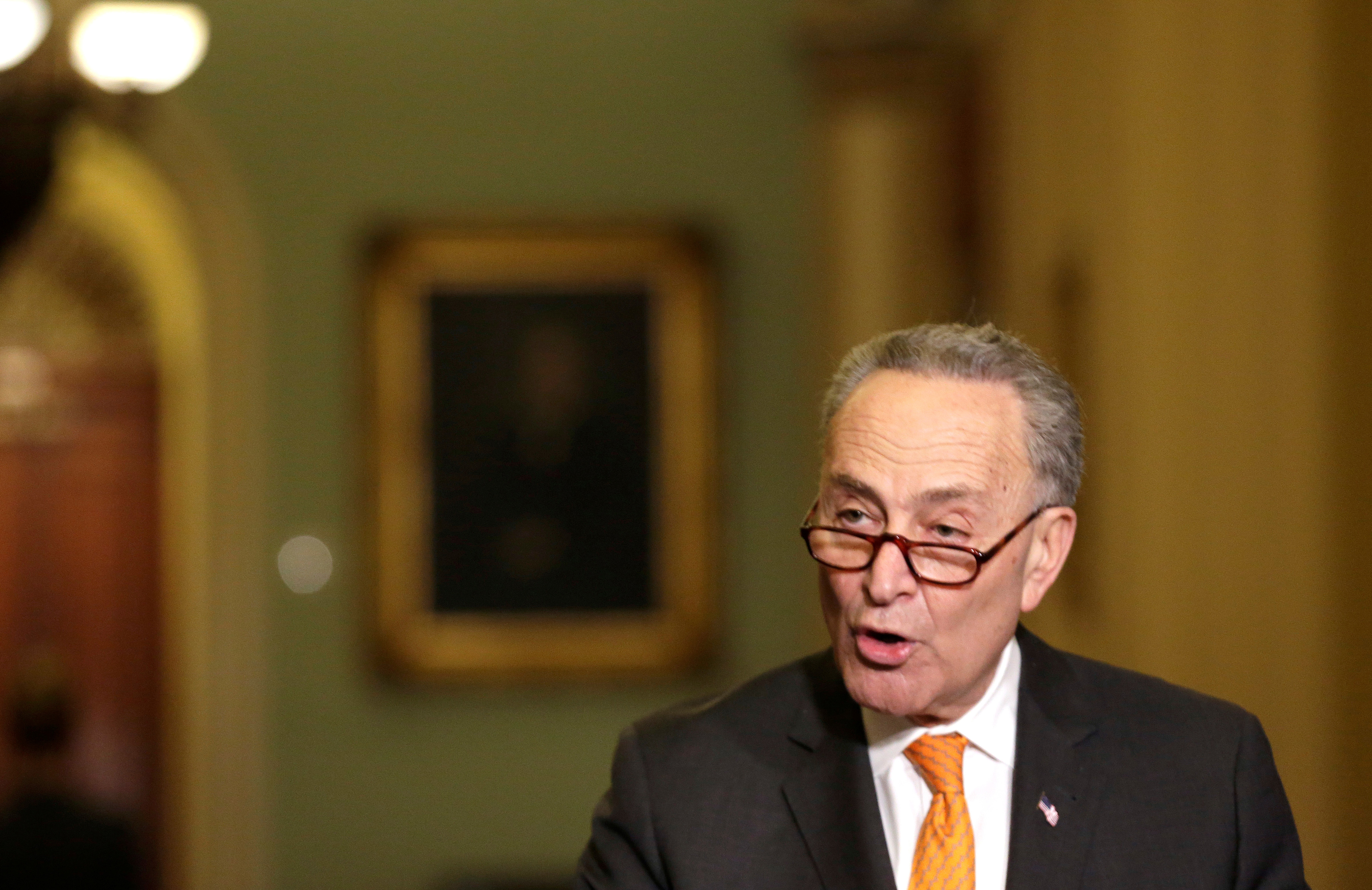 U.S. Senate Minority Leader Chuck Schumer speaks during a press conference on Capitol Hill in Washington