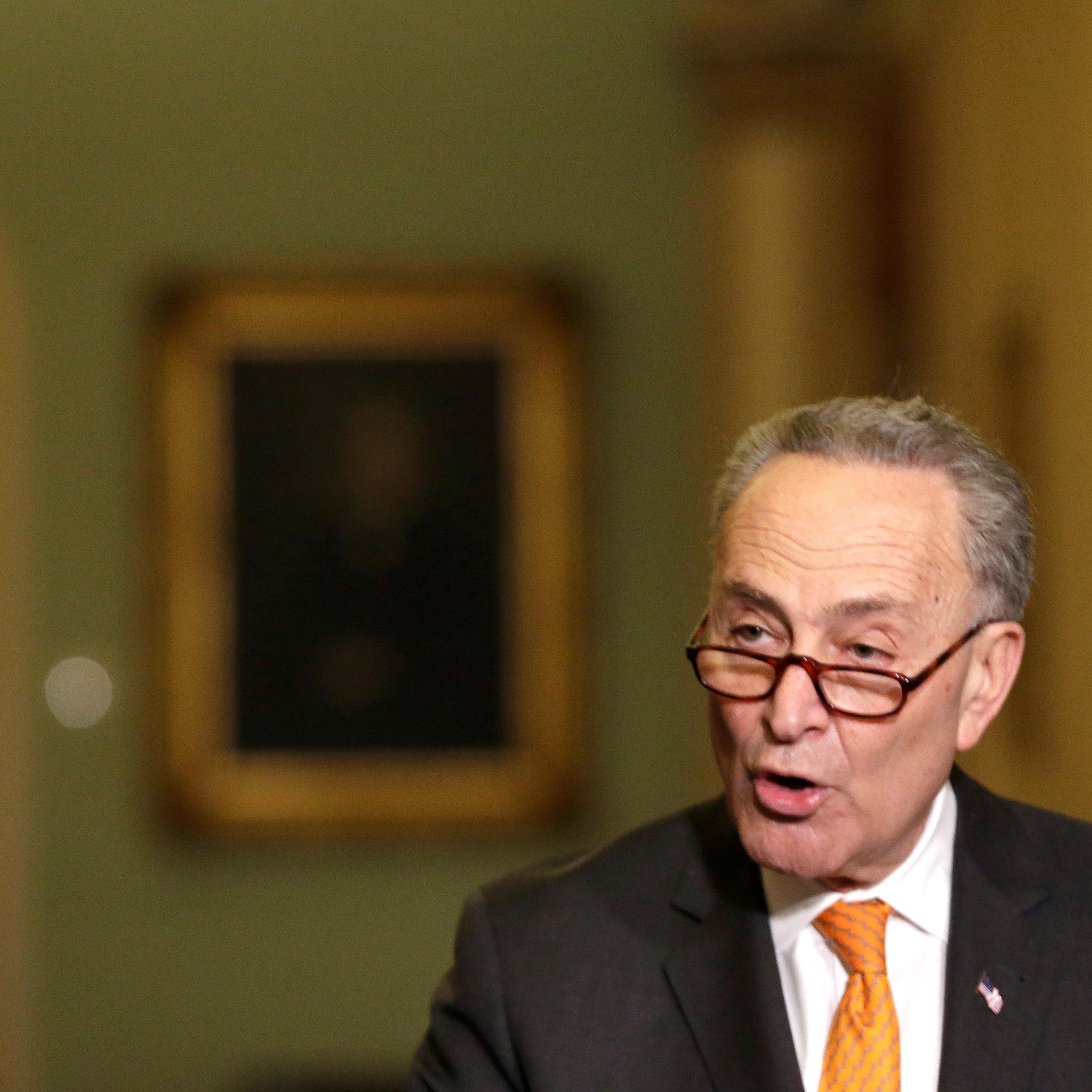 U.S. Senate Minority Leader Chuck Schumer speaks during a press conference on Capitol Hill in Washington