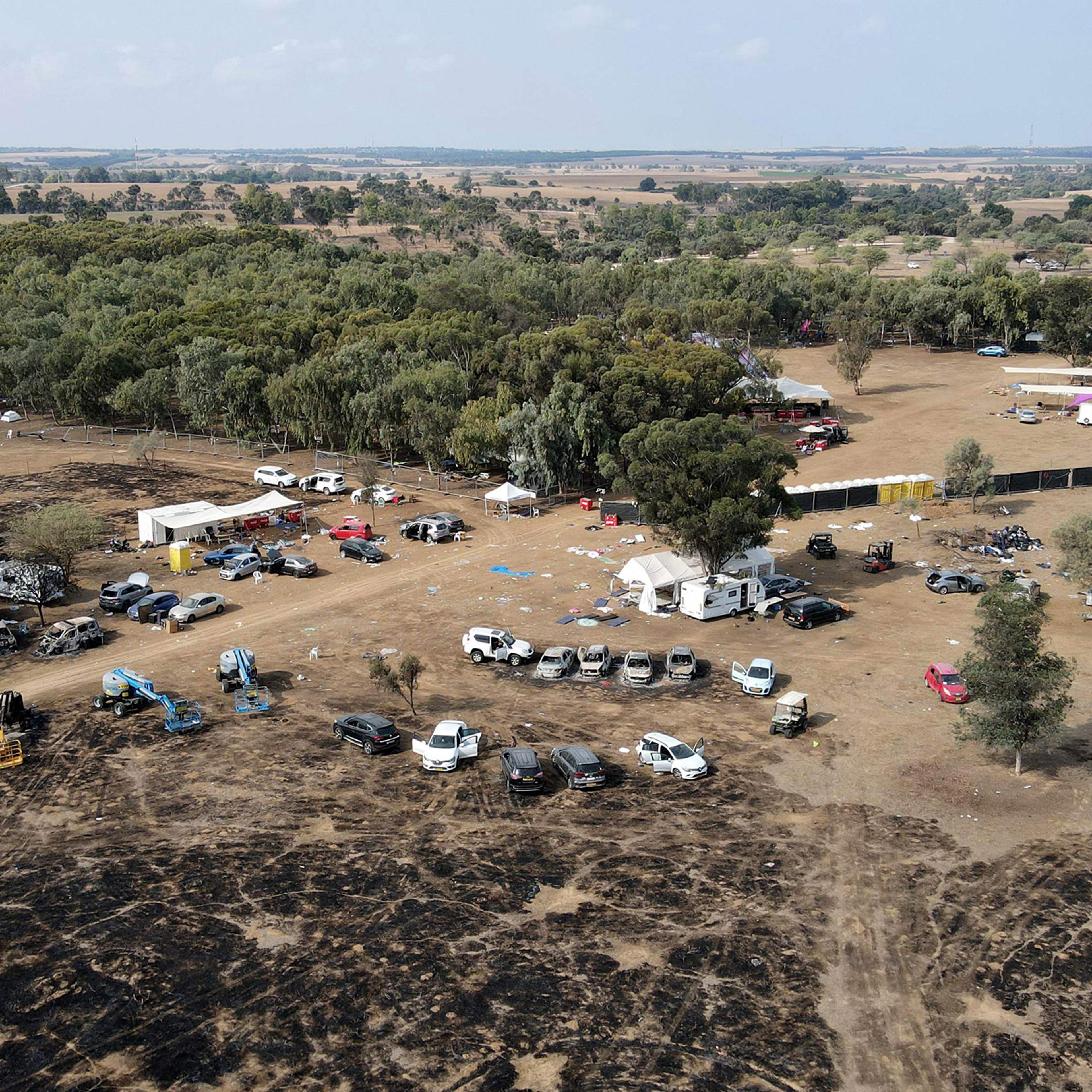 An aerial picture shows the abandoned site of the Supernova Festival, following an attack by Hamas militants, in the Negev desert in southern Israel, on Oct. 10, 2023.