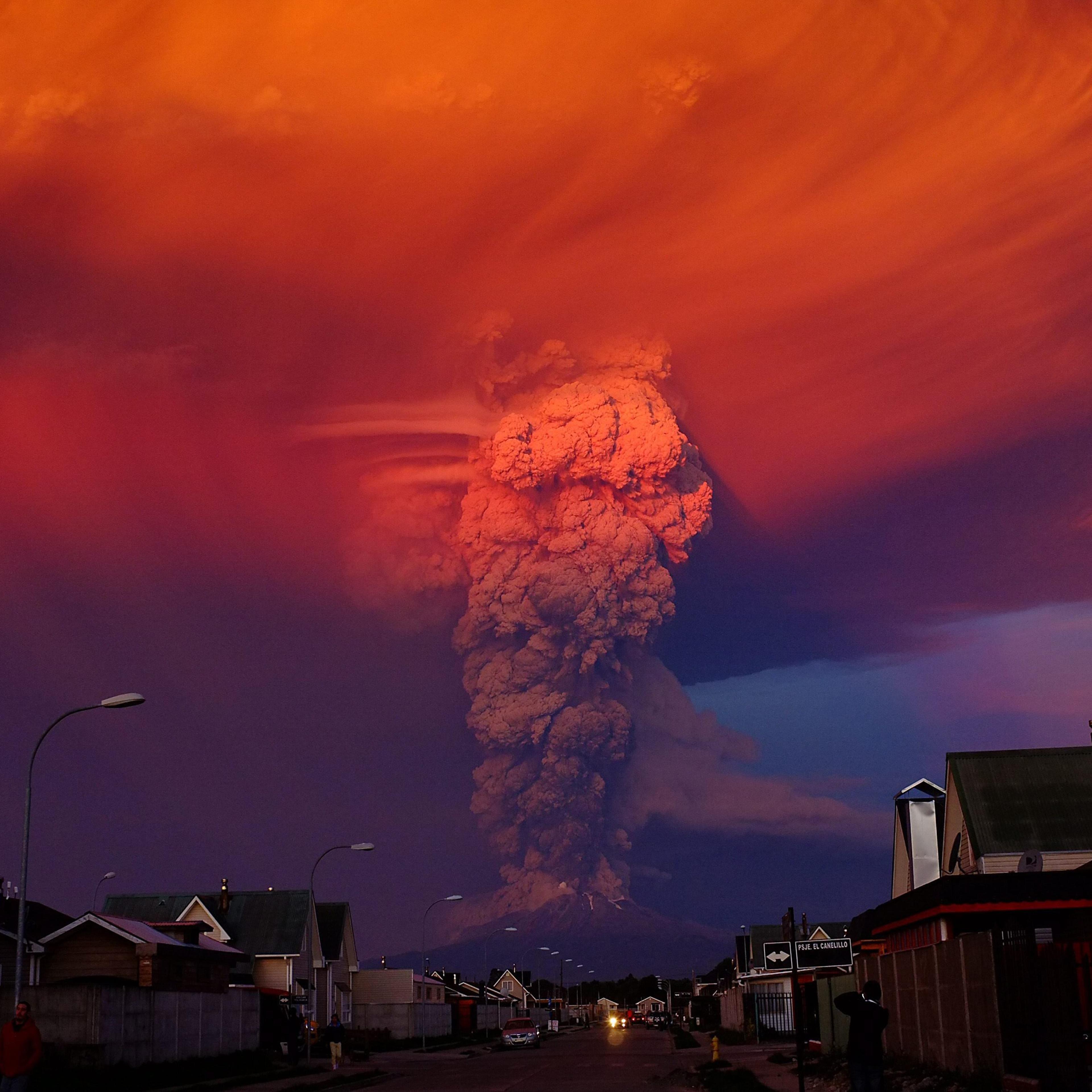 The Chilean Calbuco volcano seen from Puerto Montt, located 600 miles south of Santiago de Chile, Chile on April 22, 2015. The eruption caused a column of smoke over ten miles high. Authorities declared a red alert and ordered the evacuation of around 15