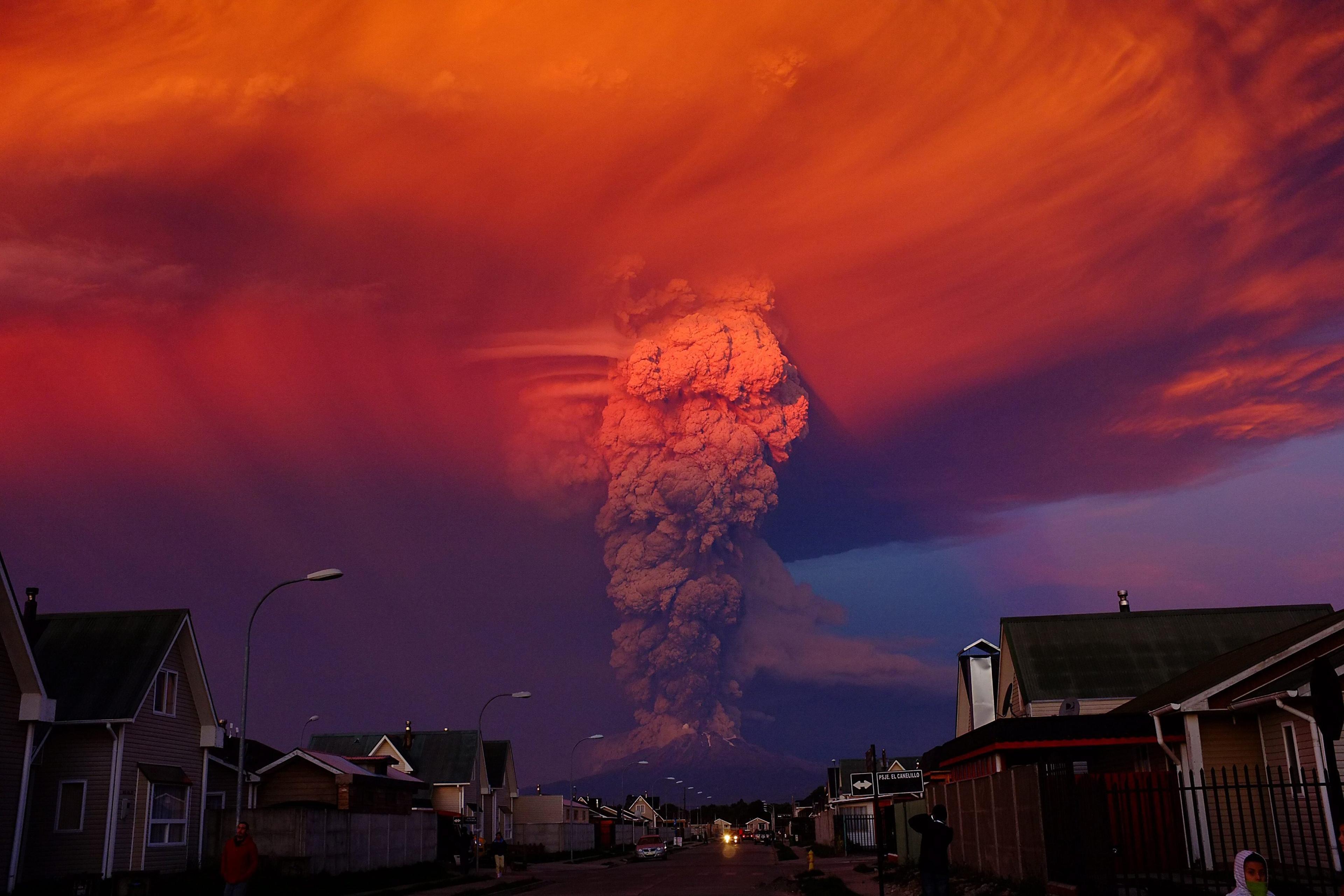 The Chilean Calbuco volcano seen from Puerto Montt, located 600 miles south of Santiago de Chile, Chile on April 22, 2015. The eruption caused a column of smoke over ten miles high. Authorities declared a red alert and ordered the evacuation of around 15