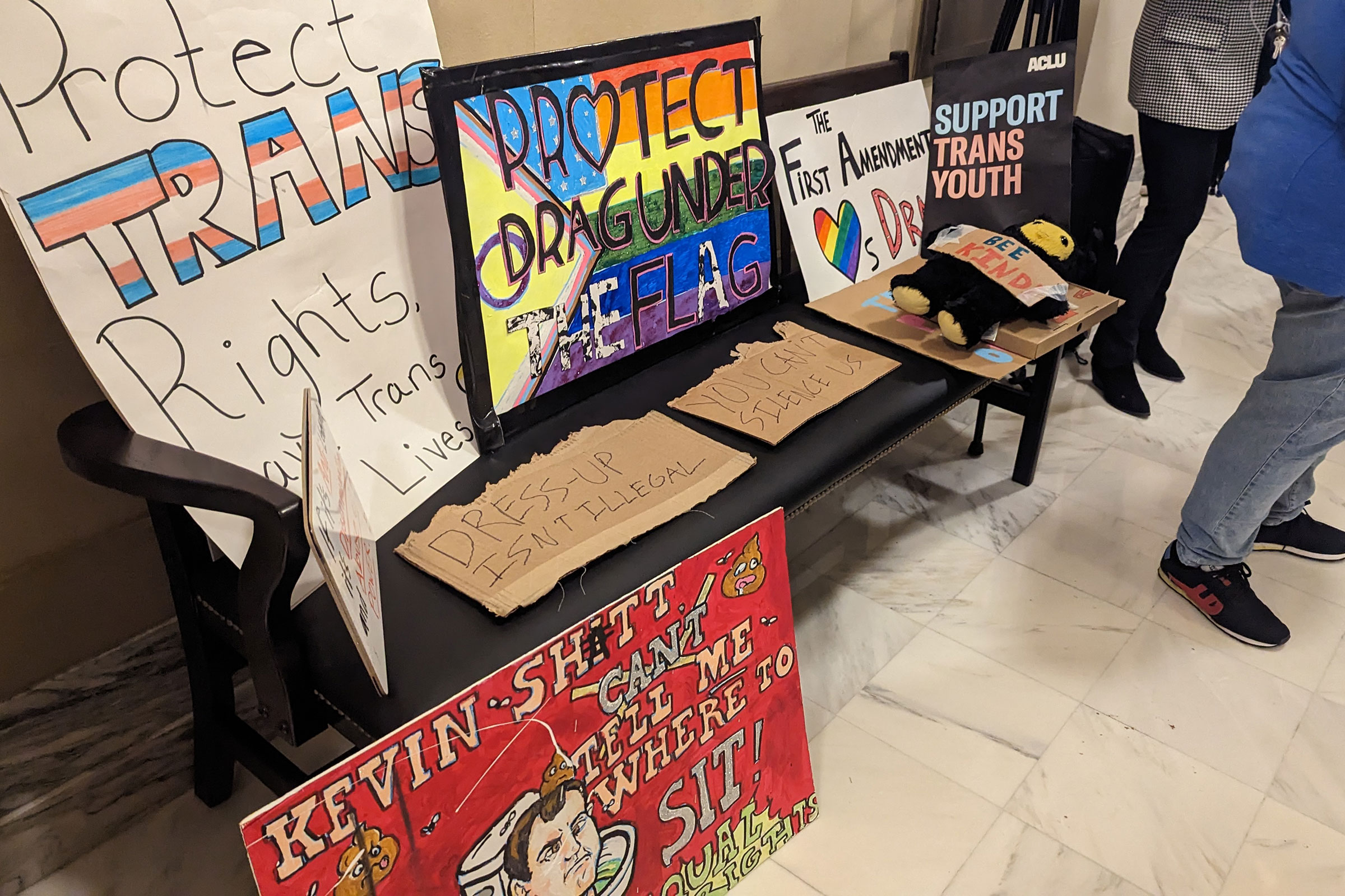 Posters made in support of drag performers and transgender rights are set up in the Oklahoma Capitol building, in Oklahoma City, Okla. on Feb. 22, 2023. 